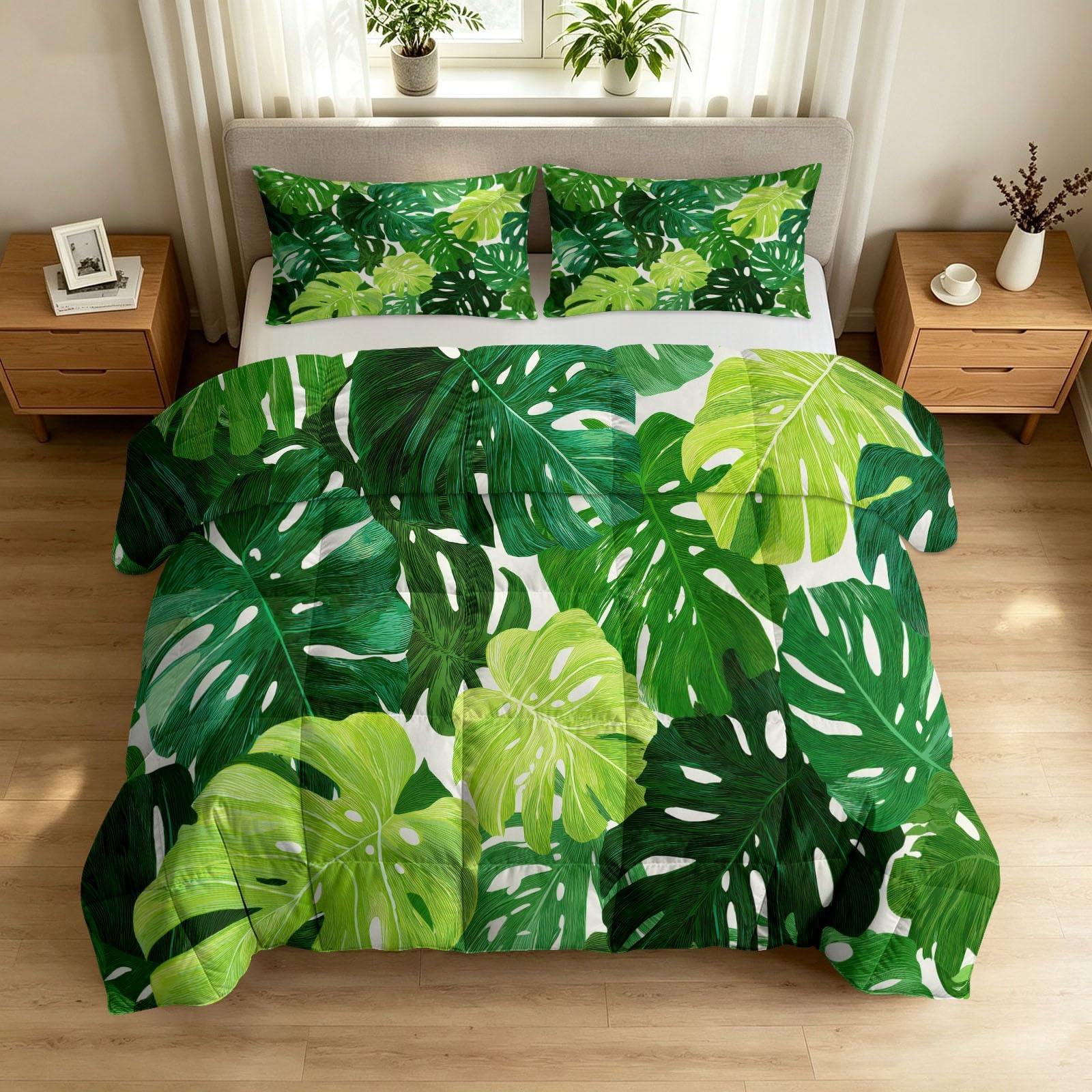 Couette en coton lavé haut de gamme motif feuille de monstera 220x240
