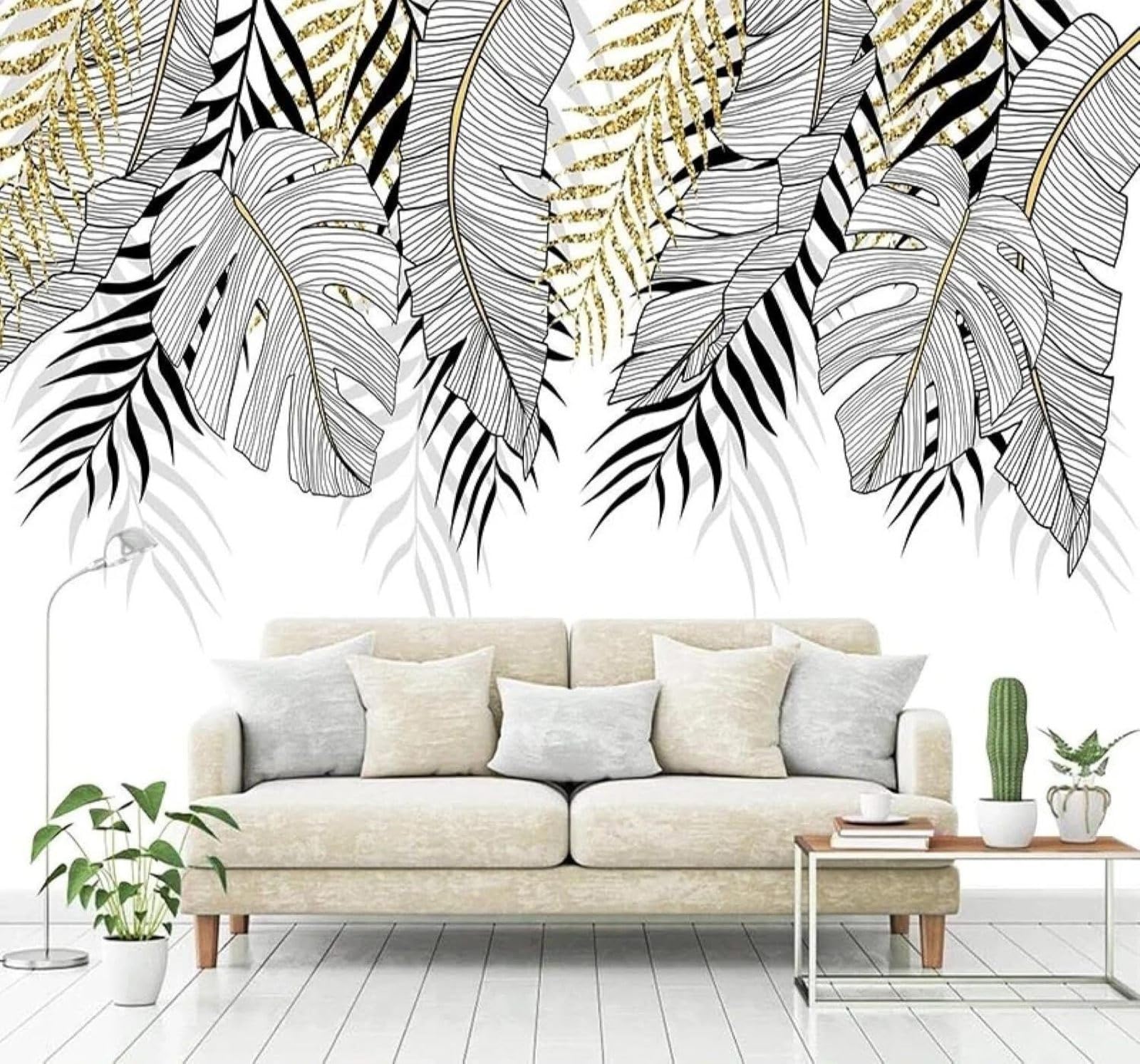 Tzxztt 400Cm×280Cm(B×H) Hand Drawn Minimalist Black And White Gold Leaves Modern 3D Wallpaper Premium Textured Silk Neutral Tones Material Ideal For Living Room Bedroom-400Cm×280Cm