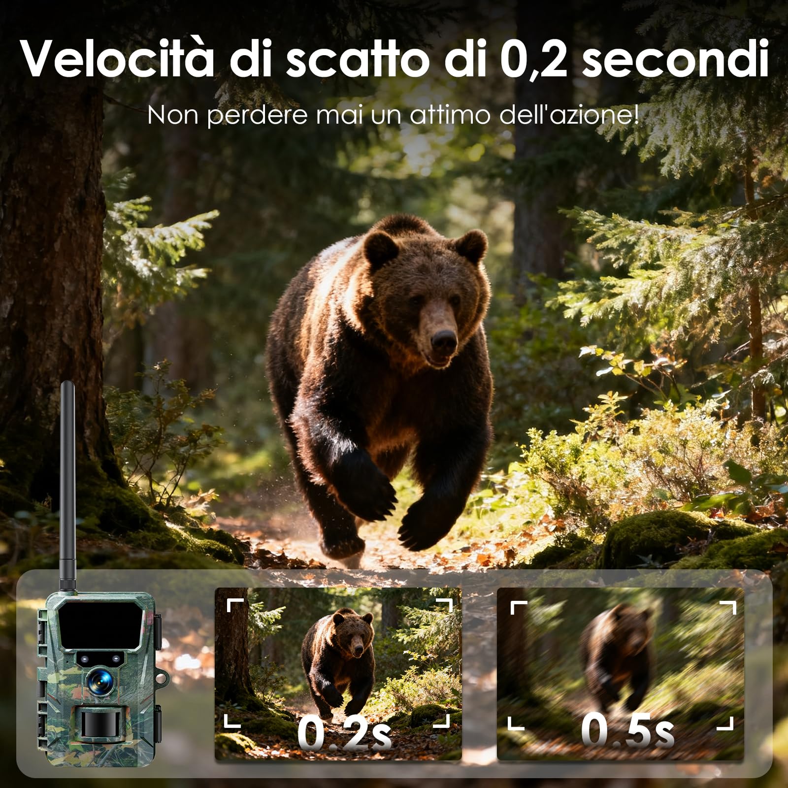 WOLFANG Fototrappola 4G con SIM, 2K 48MP HD Fotocamera Caccia con Infrarossi Rilevatore di Movimento Visione Notturna IP66 Impermeabile per la l'osservazione la Fauna
