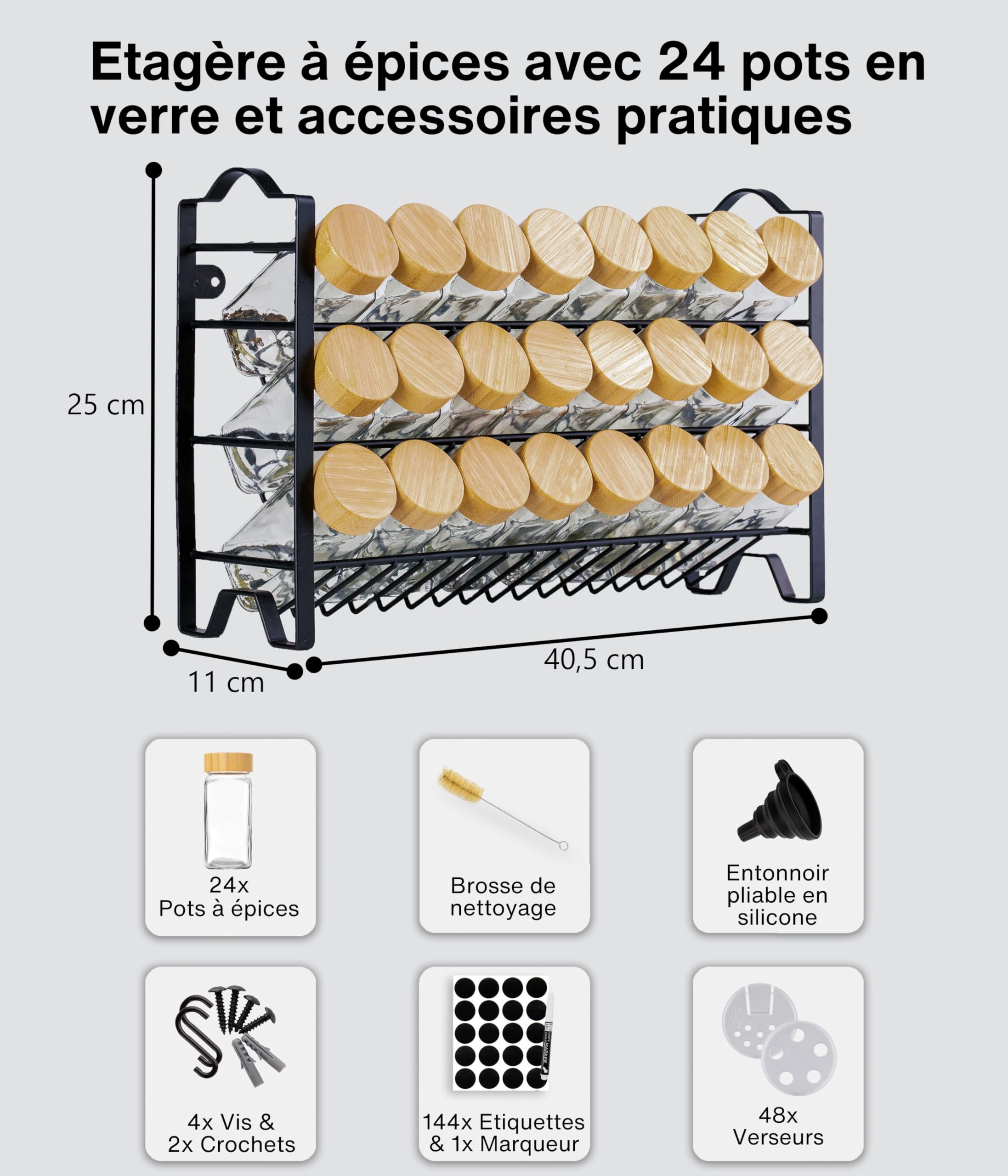 Deco haus® Étagère à Épices & Bocaux - Rangement et Organisation de Cuisine & Maison - Métal, 3 Niveaux - 24 Pots 48 Étiquettes 1 Brosse 1 Entonnoir & Crochets - Autoportante/Murale - Noire