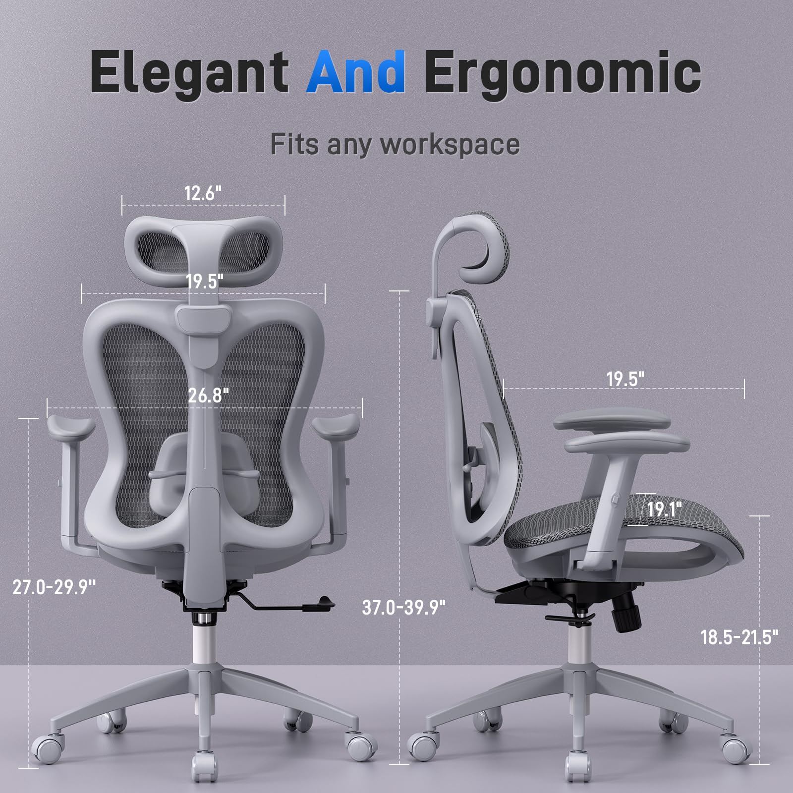 Ergonomic Office Desk Chair, Comfortable Computer Gaming Chair, Breathable Mesh Back & Seat, Adjustable Armrest & Headrest, Lumbar Support, Butterfly Design for Home Office (Gray)
