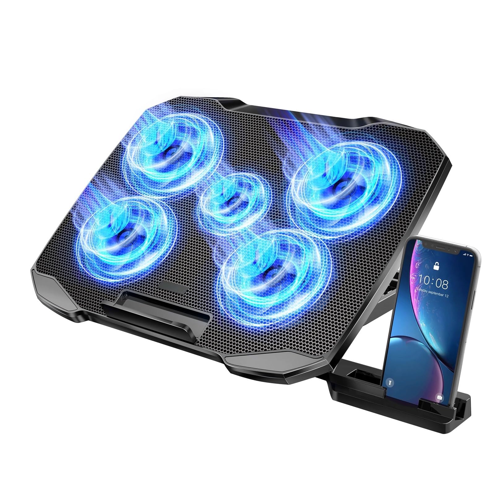 Laptop Cooler podstawka pod laptopa Podkładka chłodząca do laptopa 5 dużych wentylatorów do 10-17-calowej chłodziarki do notebooka do gier, z 5 regulacją wysokości, 2 portami USB