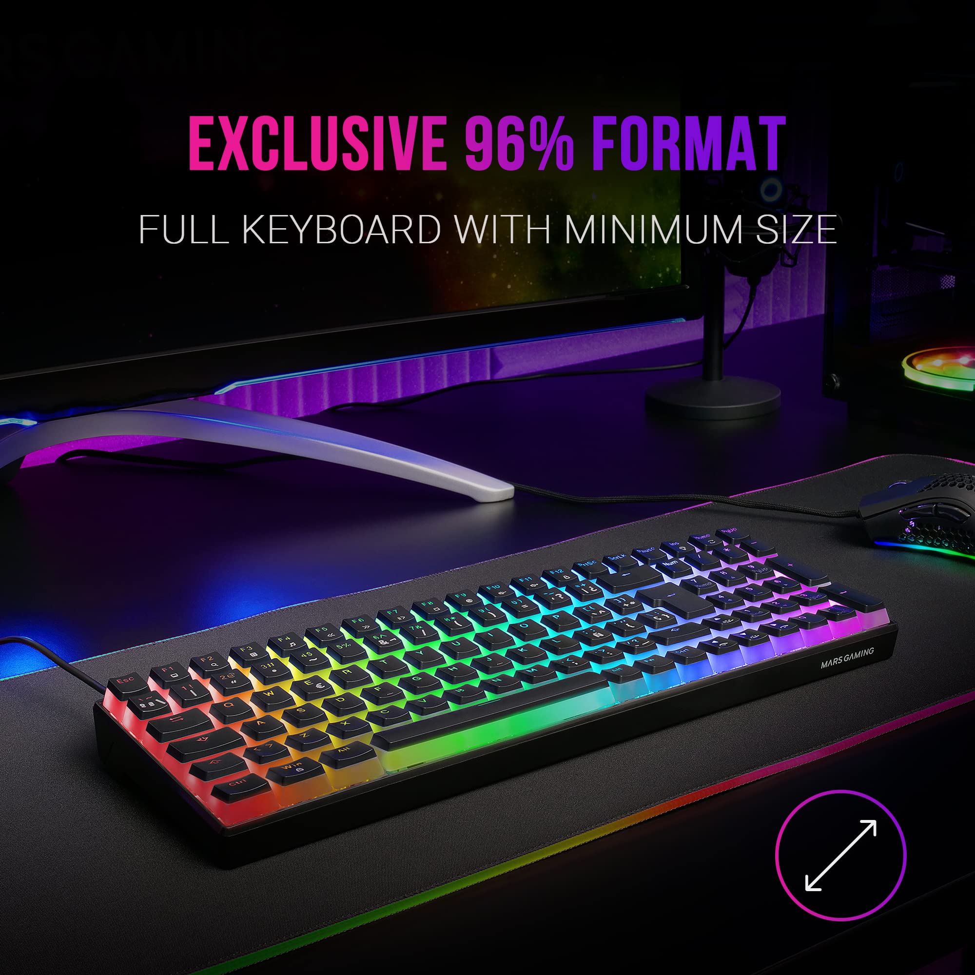 Mars Gaming MKULTRA, klawiatura mechaniczna czarna RGB, kompaktowa 96%, przełącznik Outemu SQ brązowy, hiszpański-US