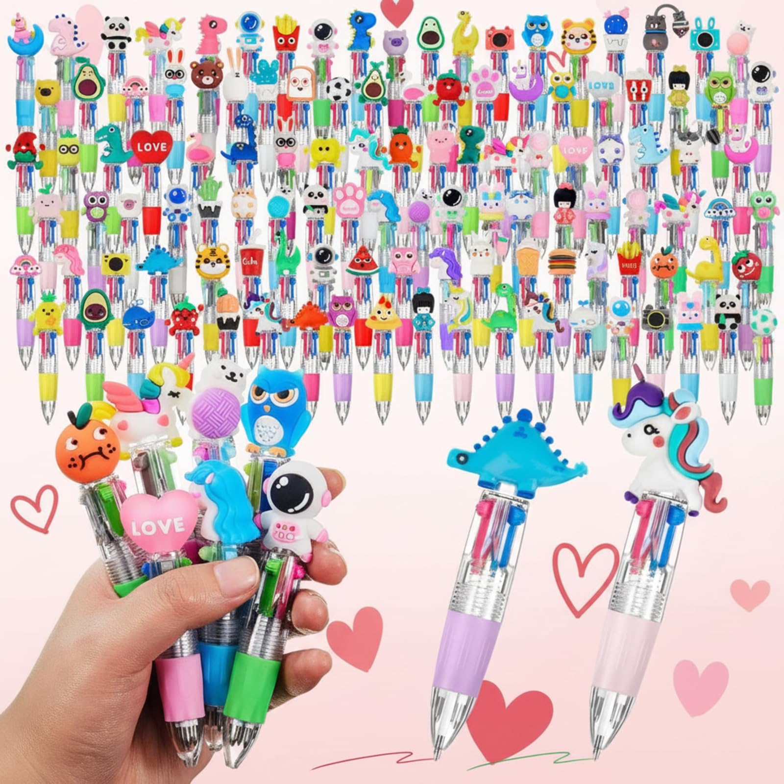 Humyoun 120 Pcs Mini Multicolor Pen in One 4 in 1 Valentines Cute Fun Ballpoint Ink Pens Bulk Fun Gifts for Birthday Valentines Stationery Party Favor