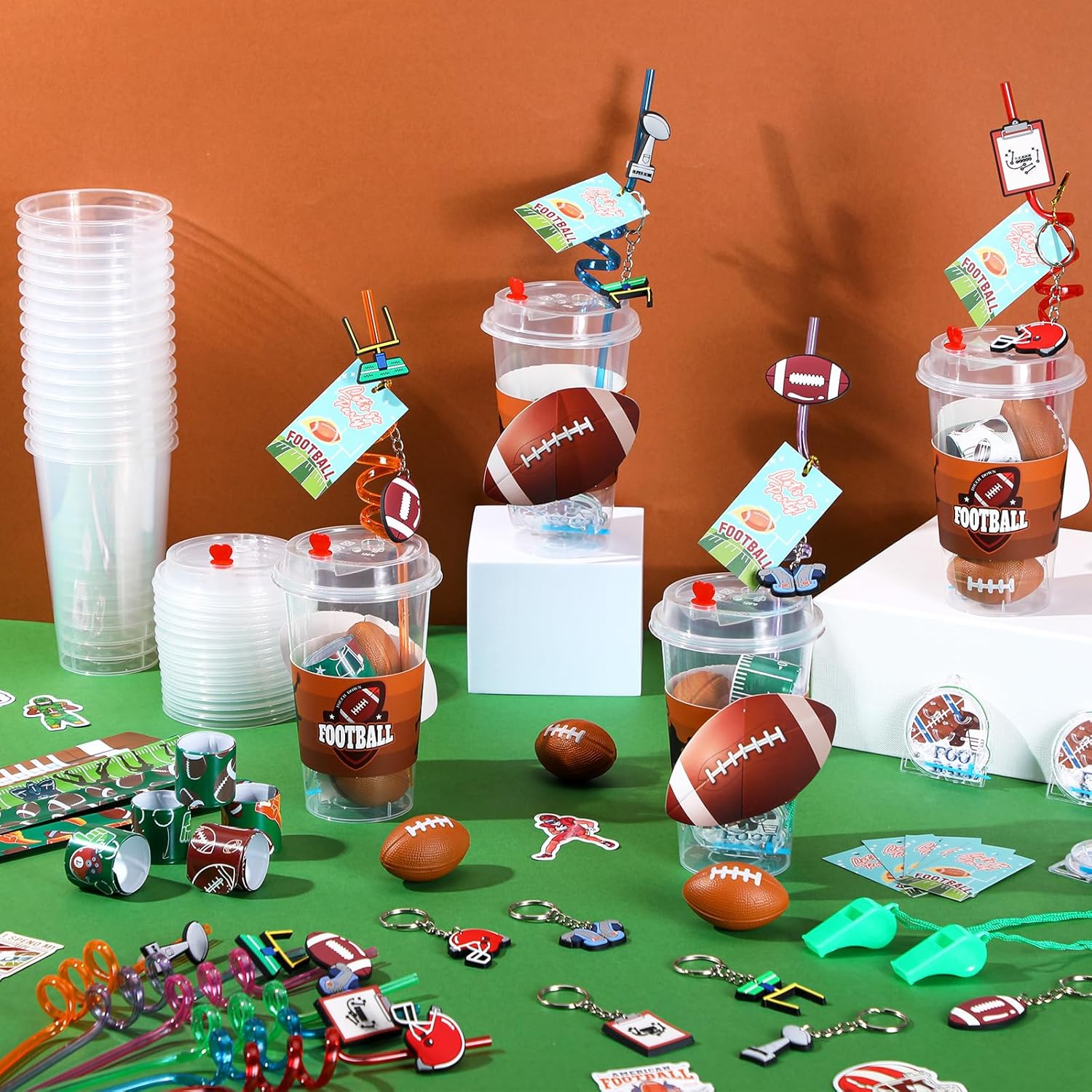 Party Favors Set with Cup Straw Cup Sleeve Bouncy Ball Mini Pinball Machine Keychain Sticker Clap Bracelet Tag for Sport Reward Birthday Gift Party Supplies(195 Pcs,Football) - Image 5