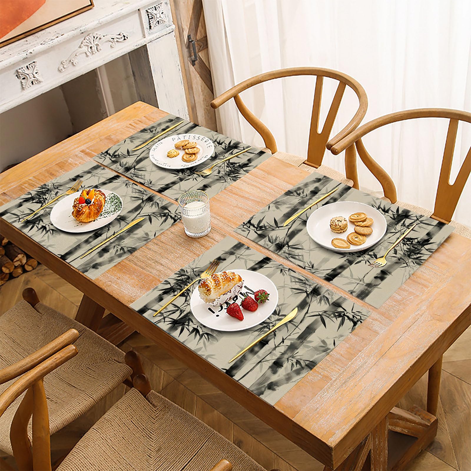 Set Di 8 Tovagliette Da Tavolo Foresta Di Bambù In Inchiostro - Illustrazione Cinese Design | Tovagliette Colazione | Americana 45X30Cm | Arazzo Seppia Tessuto Per Sala Da Pranzo - Lavabile
