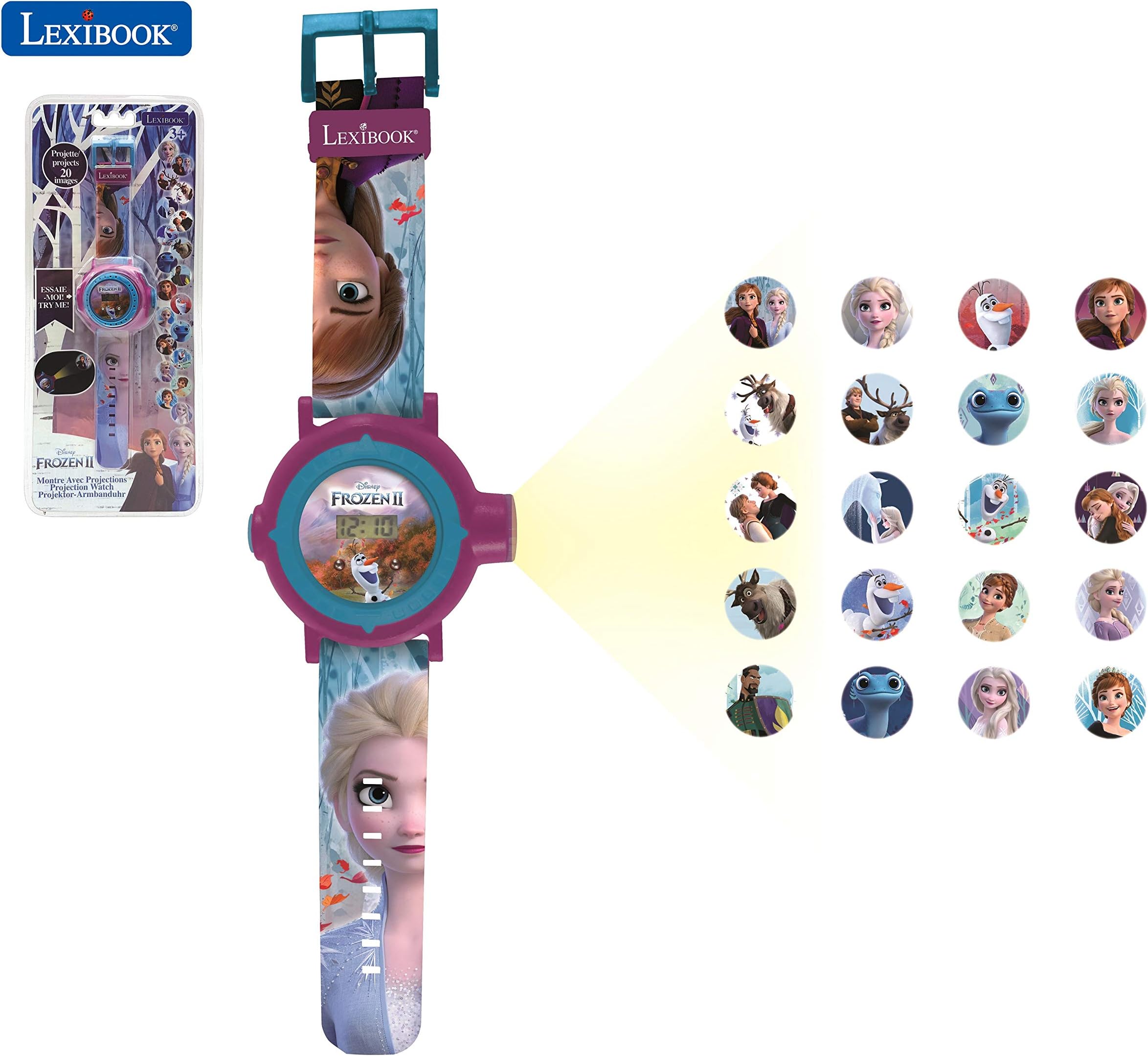 LEXiBOOKLEXIBOOK Frozen 2 Adjustable Projection Watch Digital Screen – 20 Images of Elsa, Anna and Olaf-for Children/Girls-Blue and Purple (Model: DMW050FZ), Berry