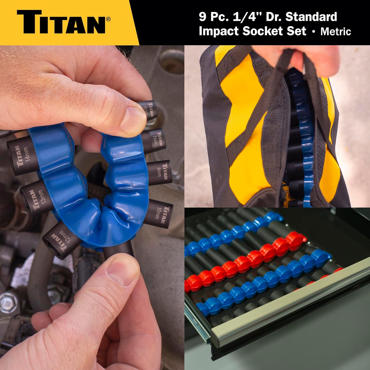 Titan 46201 9-Piece 1/4-Inch Drive Metric Shallow Impact Socket Set, 6-Point, Metric Sizes 6 to 14mm