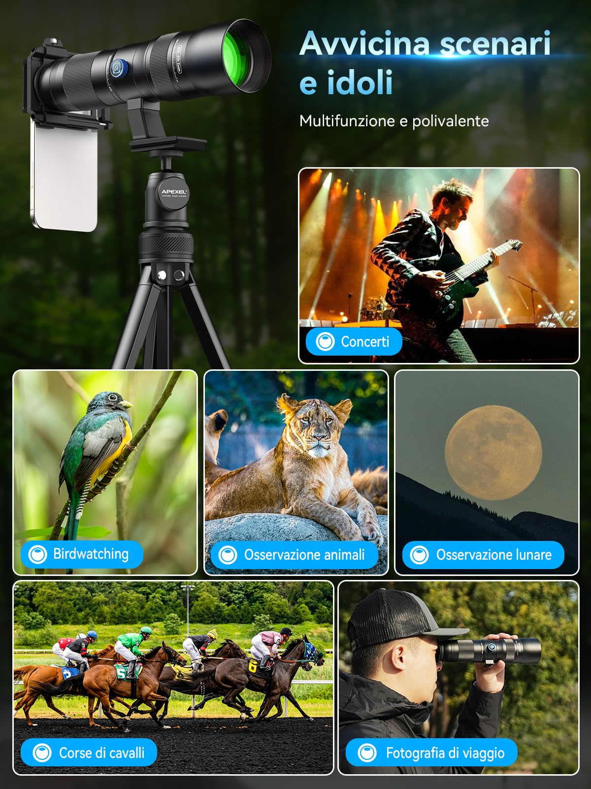 APEXEL Obiettivo zoom 20-60X professionale per smartphone – Cattura scene lontane con facilità