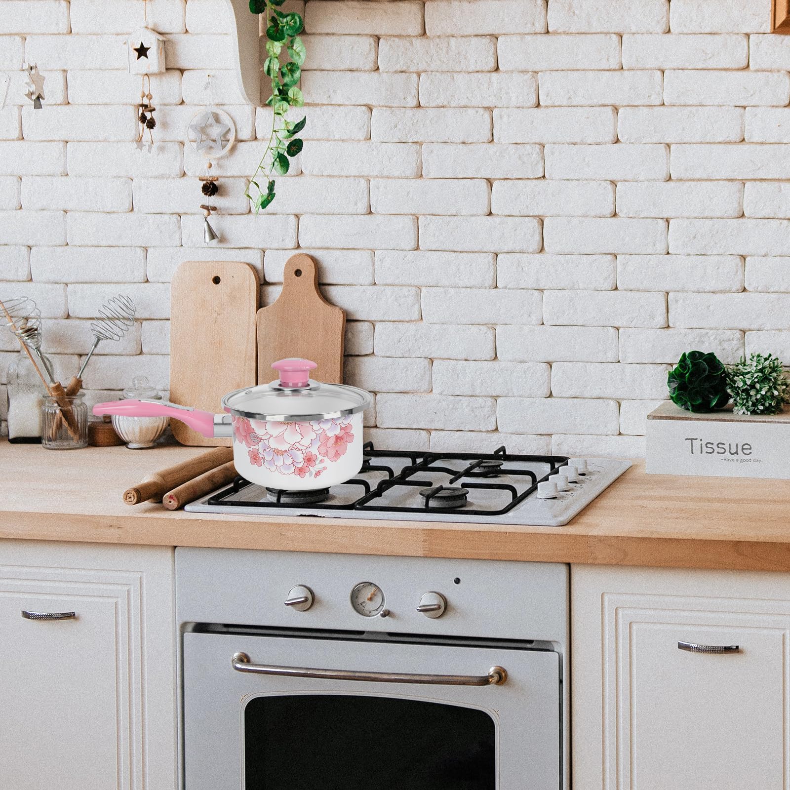 Luxshiny Dicker Emaillierter Babytopf in Rosa mit Glasdeckel Runder Kleiner Kochtopf für Küche Komfortabel zu Greifen zum Nudeln Kochen und Hühner Zubereiten
