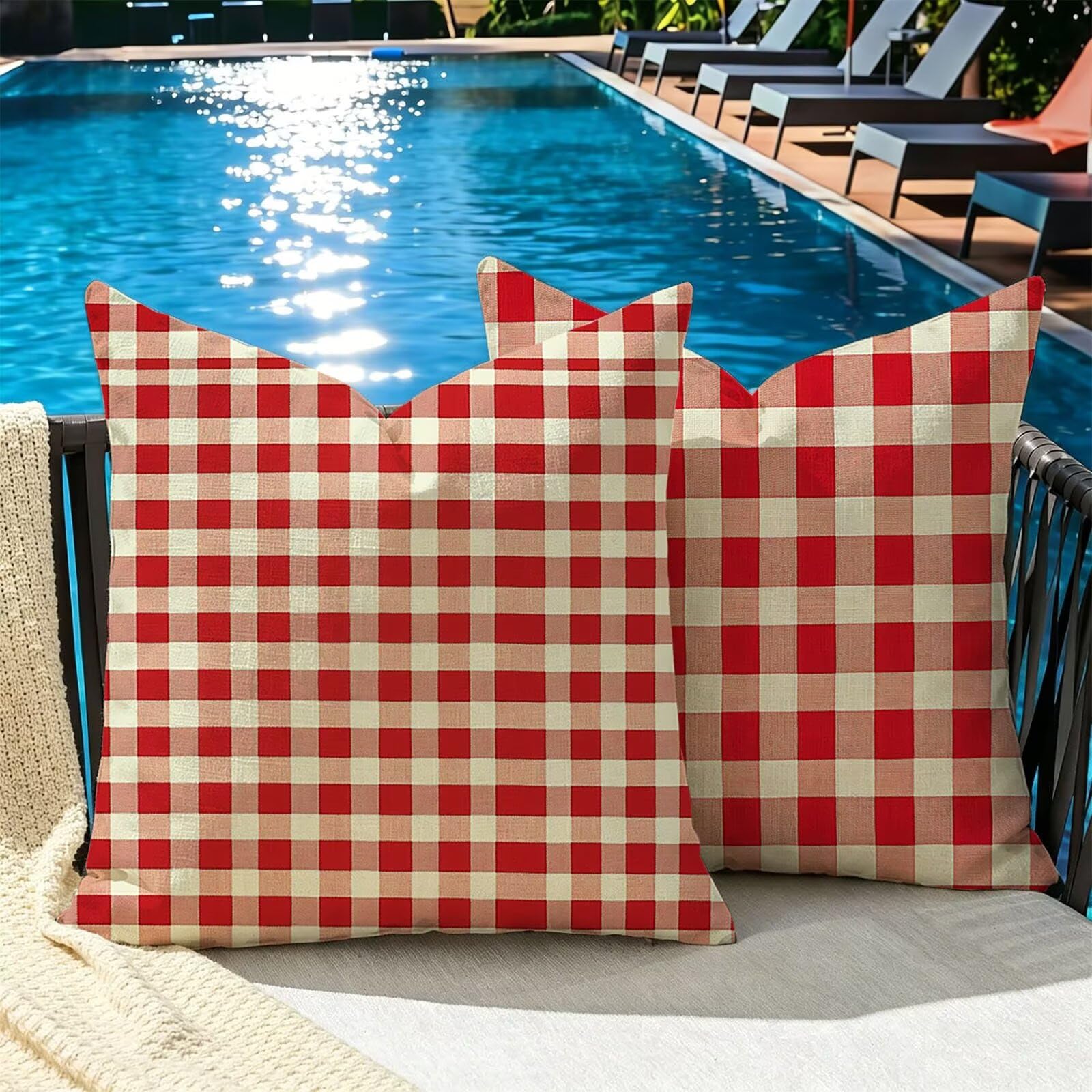 Kissenbezug 65x65cm Outdoor Kissen 2er Set Rot Gitter Leinen Dekokissen