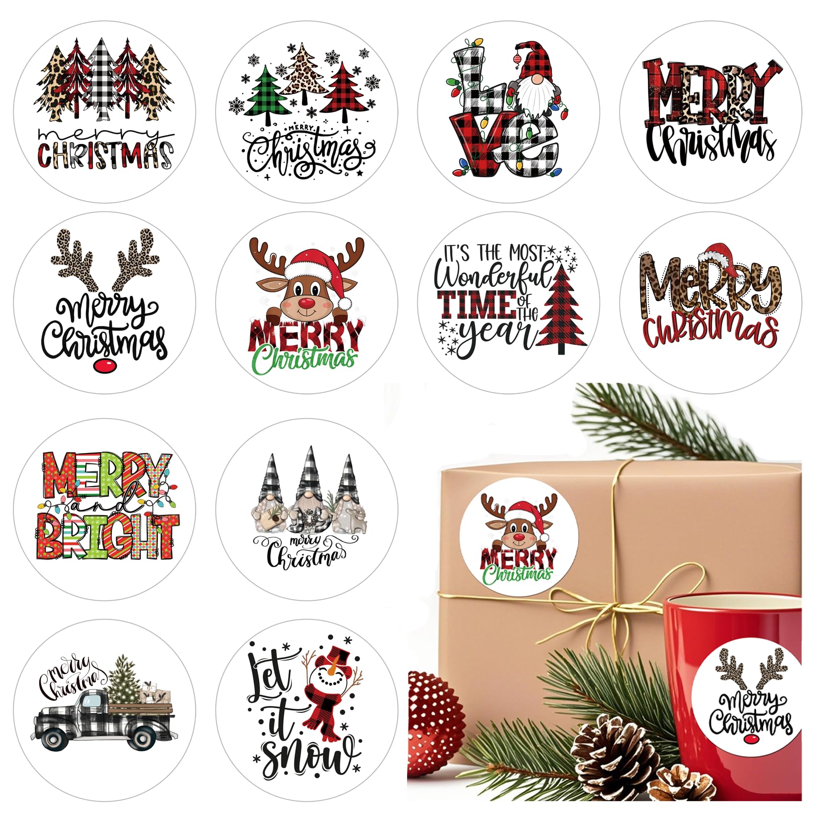 Autocollants Noël Let60 grands stickers ronds pour décorer vos cadeaux