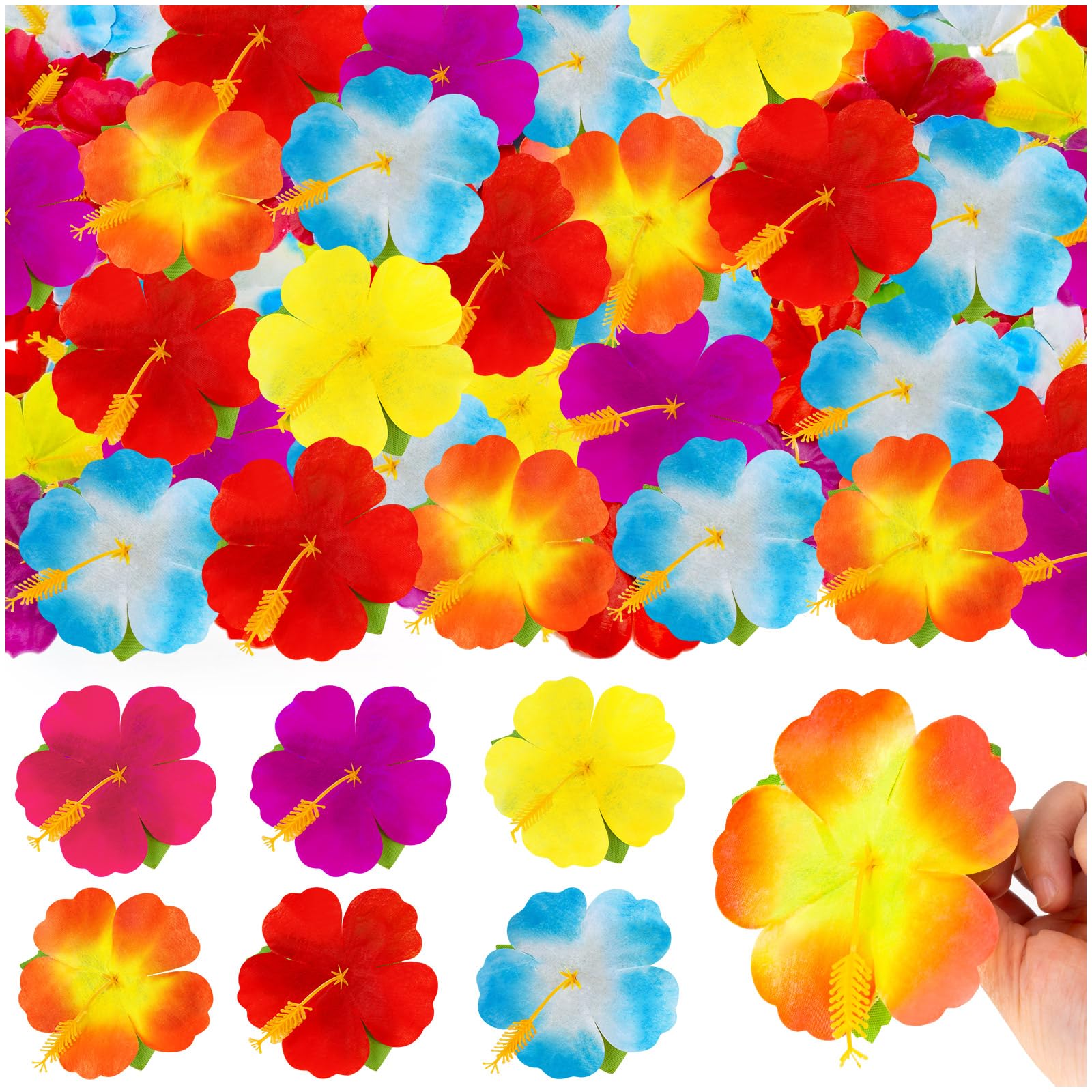 KVCSYAW 120 Pcs Artificial Hibiscus Flowers, 6 Colors Tropical Hawaiian Fake Luau Fake Hibiscus Flowers Decoration for DIY Crafts, Summer Party Favors