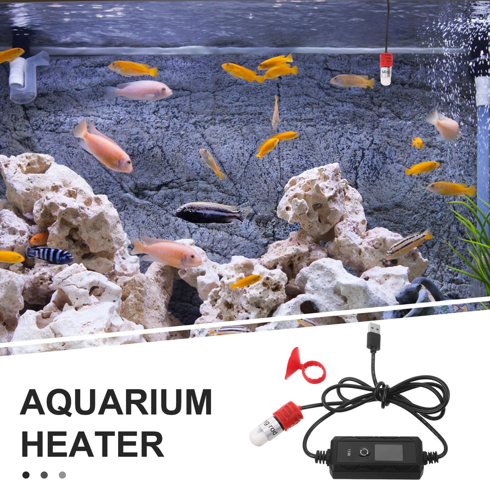 Calentador de Acuario USB Ajustable 15w para Peceras Pequeñas, Tanque de Agua Dulce y Tortugas, Control de Temperatura Celsius/Fahrenheit y Calentador para Peces Betta