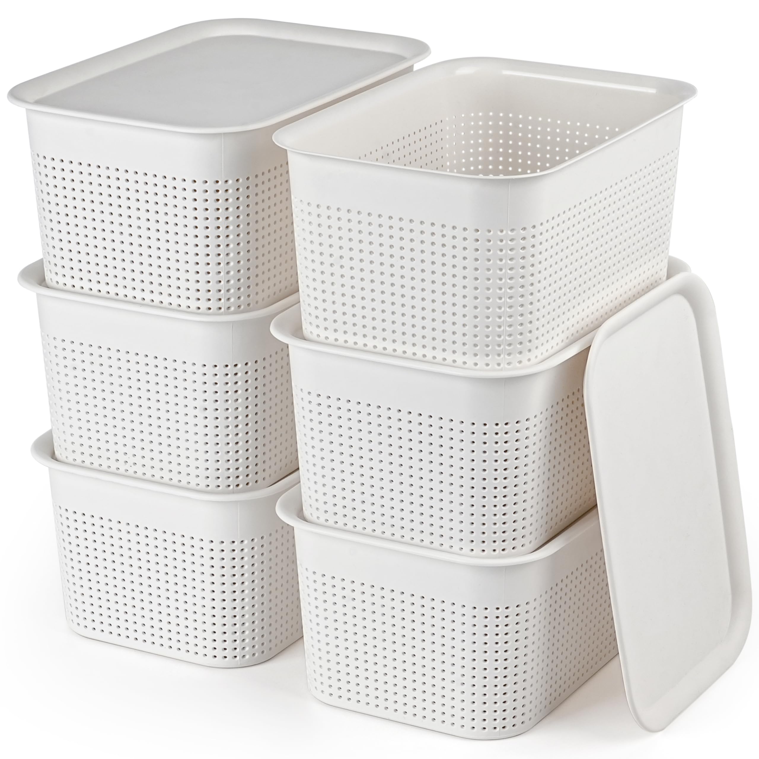 Winter Shore Storage White Plastic Bins with Lids [6 Pack] - Stackable Lidded Storage Bins for Classroom, Office Supplies, Accessories - Modern Organising Baskets for Closets, Shelves, Bathroom
