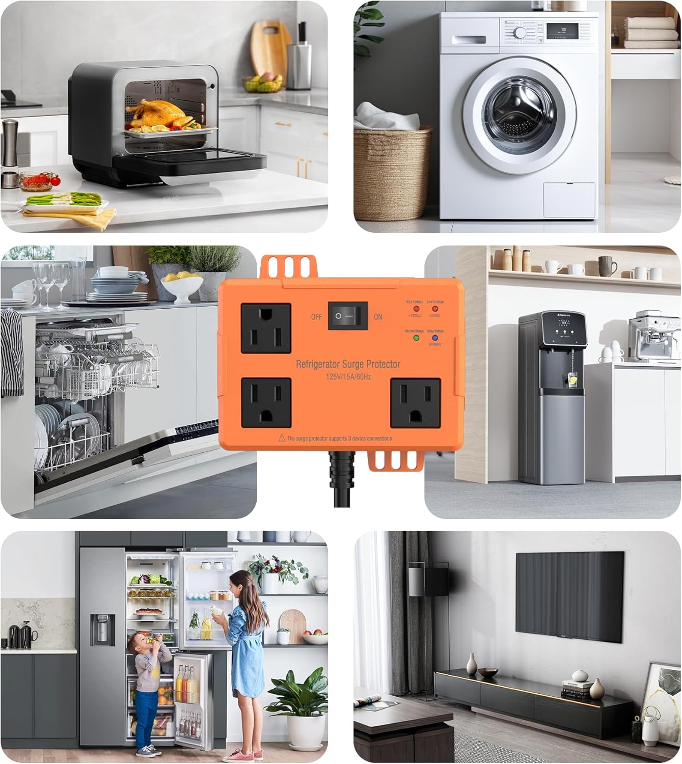 3 Outlet Refrigerator Surge Protector with Time Delay, Voltage Protector for Home Appliances, Protects Against Brownout, Spike, Instant Surge All Voltage Abnormalities, 14 AWG Power Cord (2FT) - Image 6