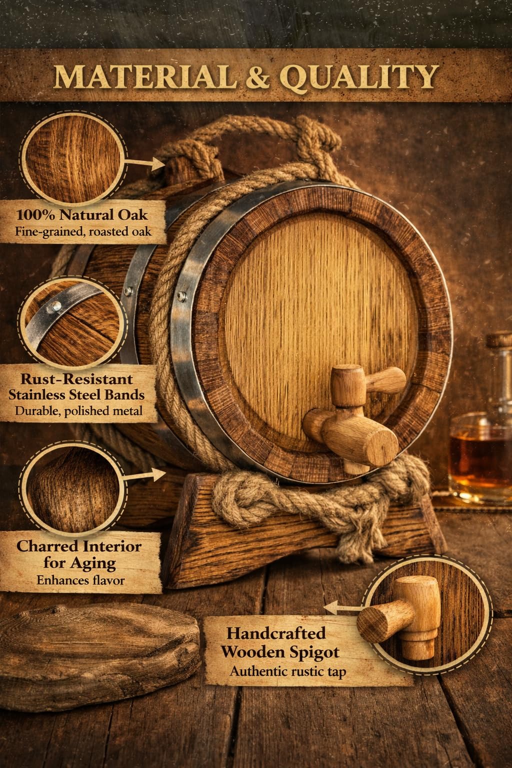 Barril de Roble para Envejecer Vino con Soporte y Grifo – Barrica de Madera Artesanal para Vino, Whisky, Ron o Brandy – Barril Decorativo para Bar o Cocina