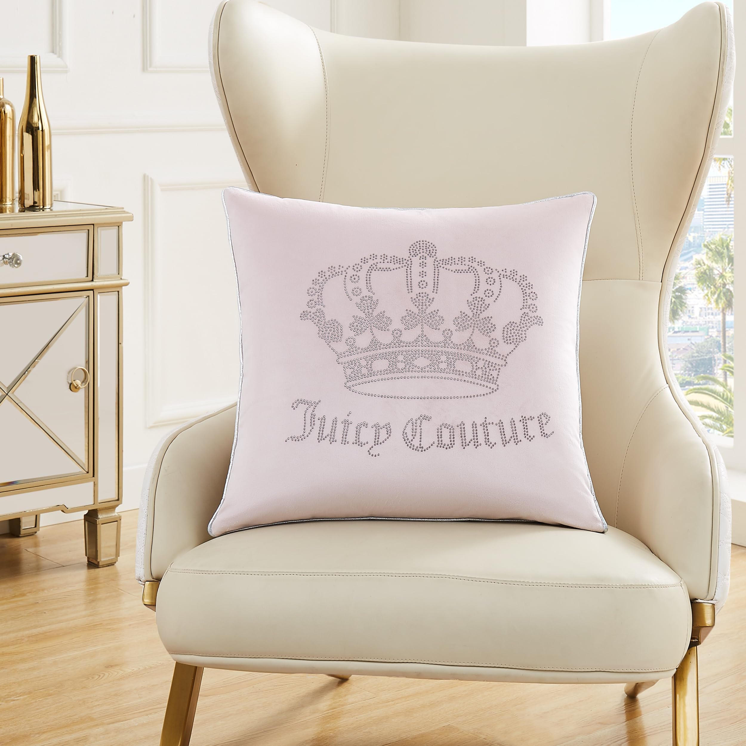 Decorative Accent Pillow, Velvet Rhinestone Crown, Premium Reversible Throw Pillow, Living Room and Bedroom Décor, Measures 20" x 20", Pink Blush