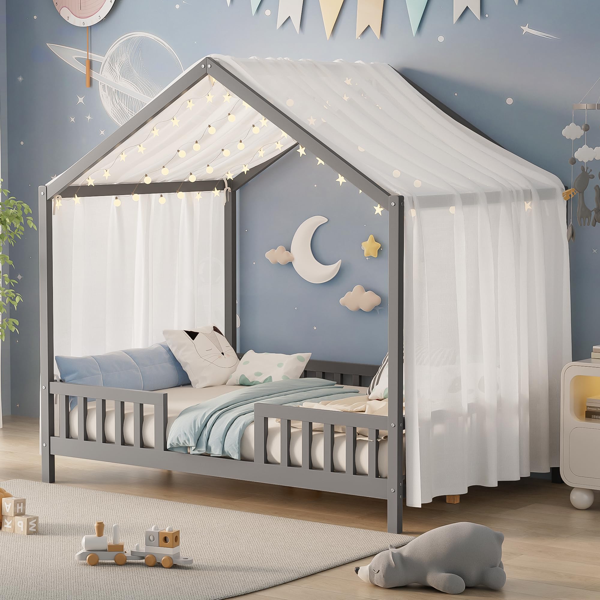 Floor Bed with Canopy, High Railings and Roof, Full Size Wood House Bed Frame for Kids Bedroom