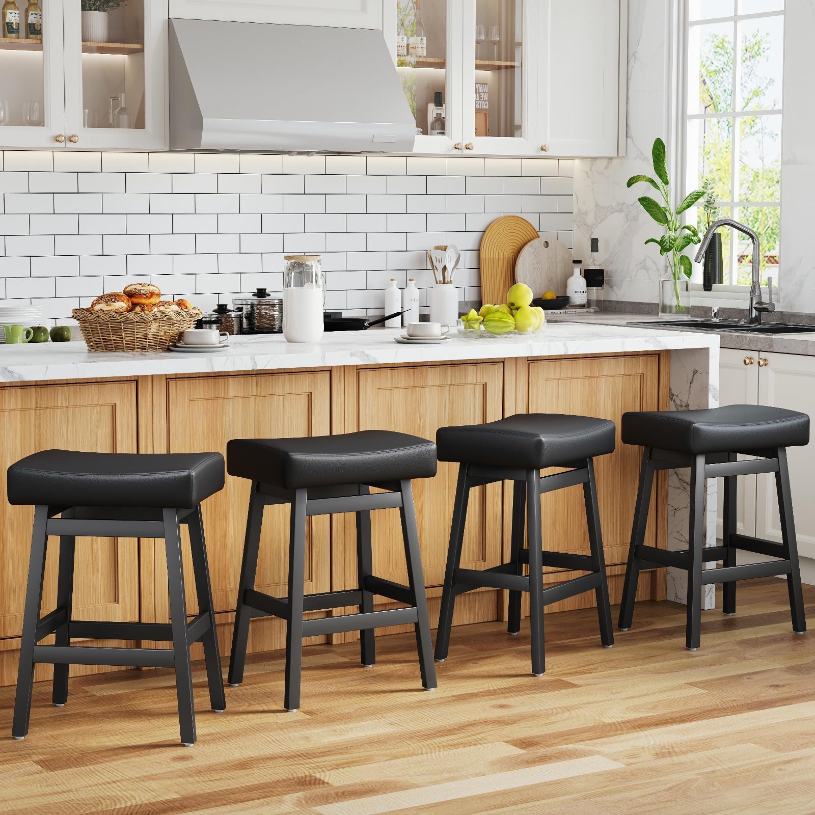 26 Inch Counter Height Bar Stools Set of 4, Backless Saddle Stools with Bonded Leather Seats, Stylish Barstools for Kitchen Island, Dining, Home Bar (
