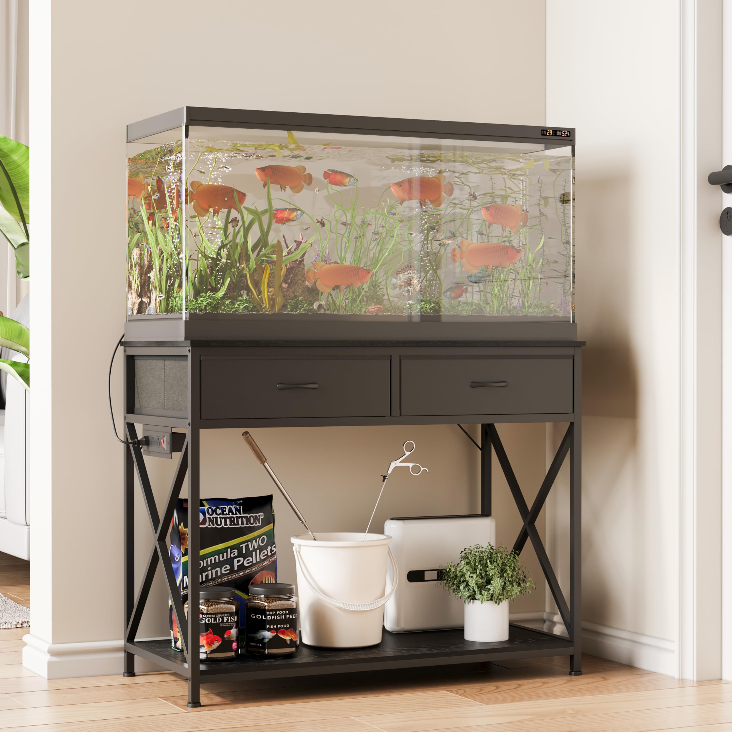 40-50 gallon fish tank stand?aquarium holder with power outlet and 2 drawers?heavy duty breeder turtle terrarium stand suitable for turtle tank, reptile terrarium, for home office (black)