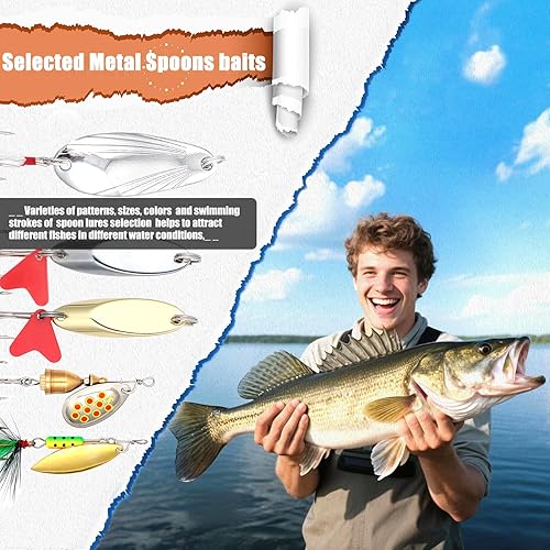 Miniatura 16 de Juego de señuelos de pesca, kit de señuelos para lubina, trucha, salmón, agua dulce, equipo de aparejos de pescado, incluye cuchara de cebo