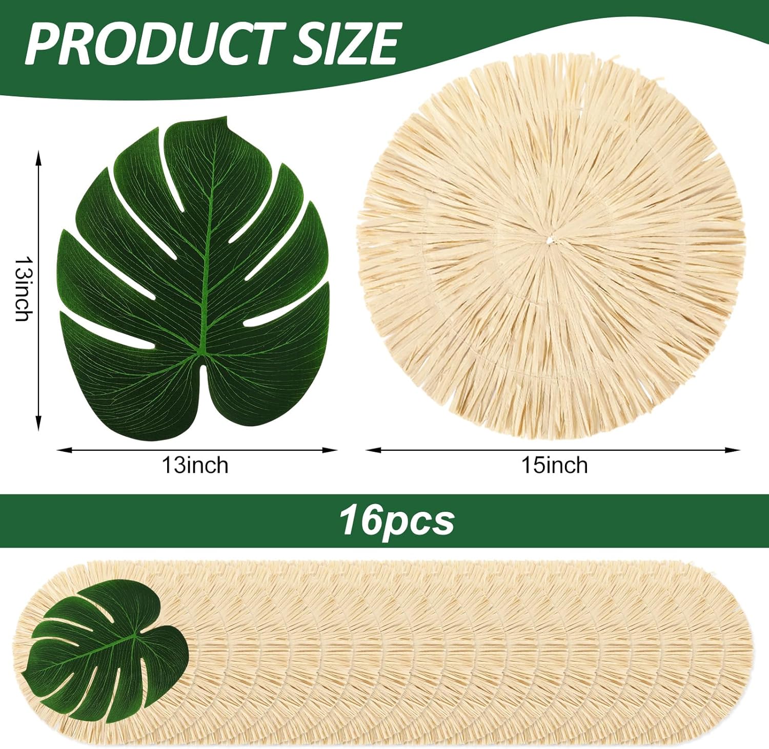 JarThenaAMCS 32Pcs Luau Placemat, 16Pcs Round Fringe Table Mat and 16Pcs Tropical Palm Leaf Place Mats Bulk Chargers Macrame Place Mats for Summer Tropical Hawaiian Party Table Setting Decor