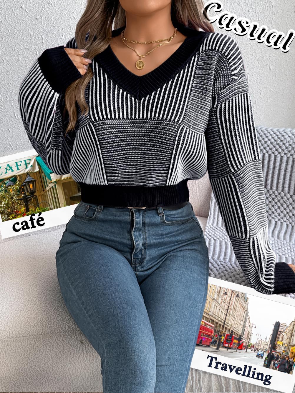Womens Sexy V Neck Striped Cropped Sweater, Knit Lightweight Long Sleeve Crop Top, Date Outfits Fall Causal Going Out - Image 7
