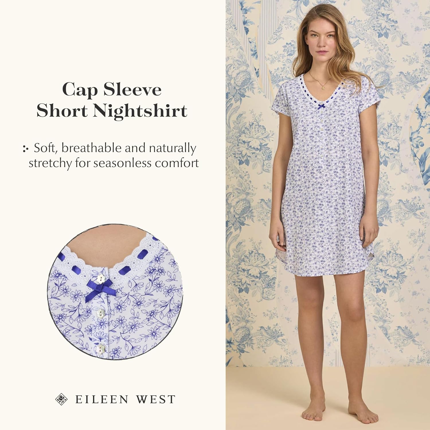 Eileen West Sleepwear & Loungewear for Women - Jersey Knit Collection - 100% Cotton Lightweight Breathable Short Nightshirt - Image 5