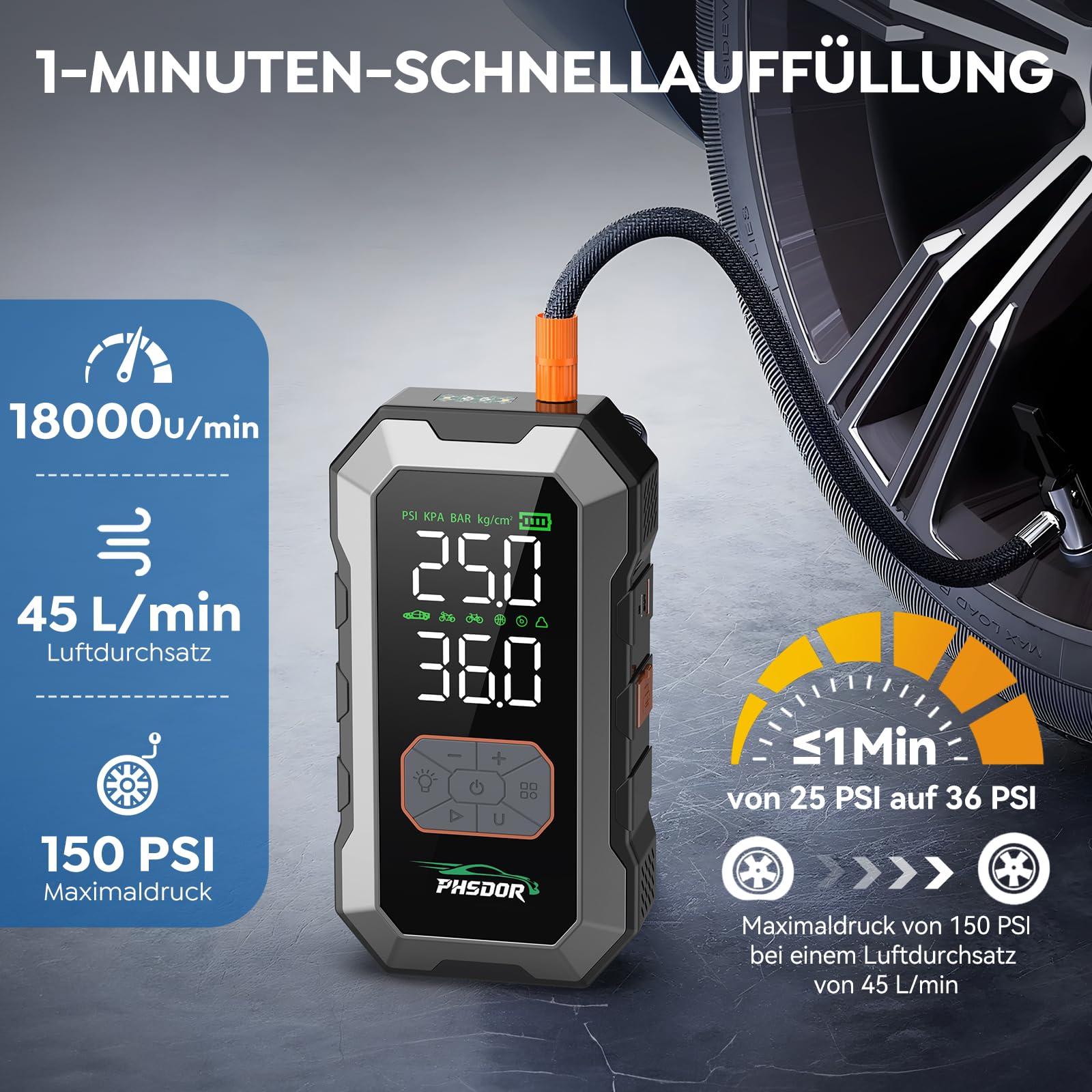 8000A Starthilfe Powerbank mit Kompressor 150PSI, 25000mAh Auto Starthilfe Powerbank für Pkw (Bis Zu All Benzin Oder 10,0L Diesel), Jump Starter Auto mit LED Taschenlampe, Silber
