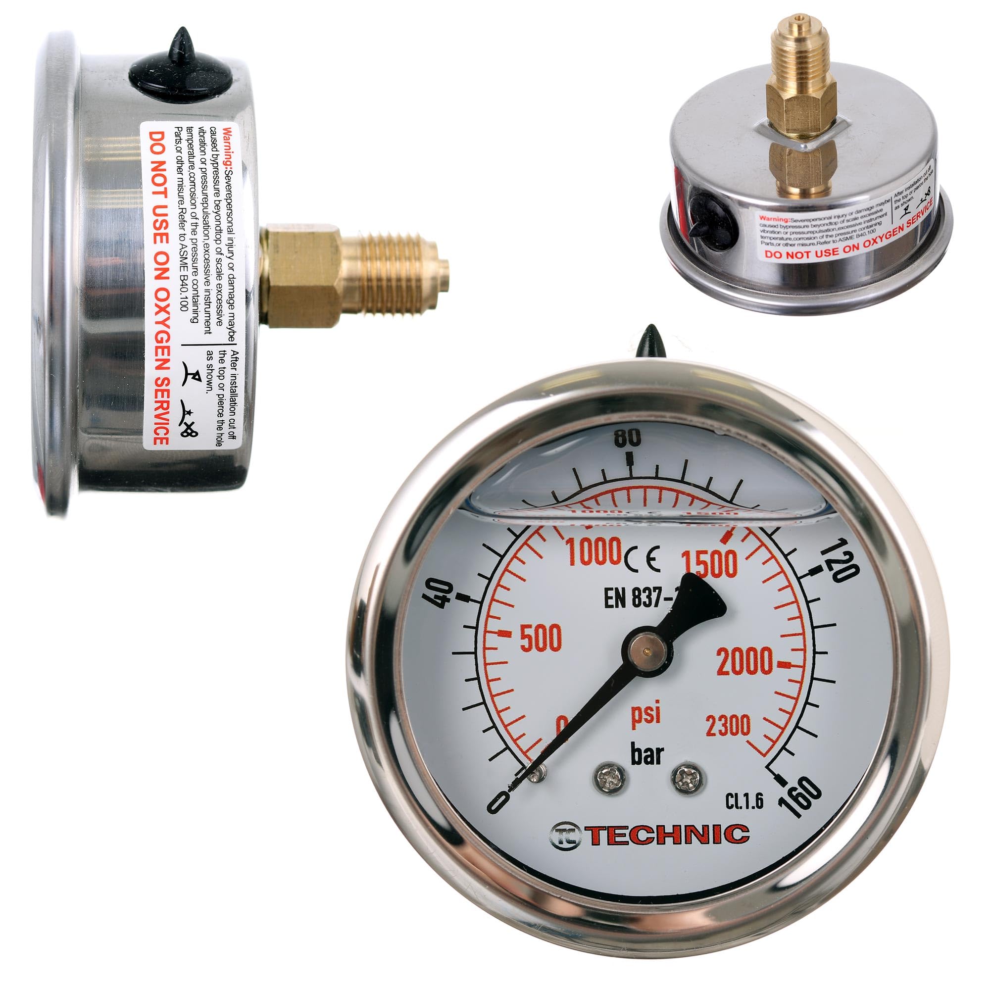Glyzerin-Manometer 0-160 Bar, 63mm Gehäuse, 1/4 Zoll Anschluss – Für Pneumatik & Wasser, Genauigkeitsklasse 1.6