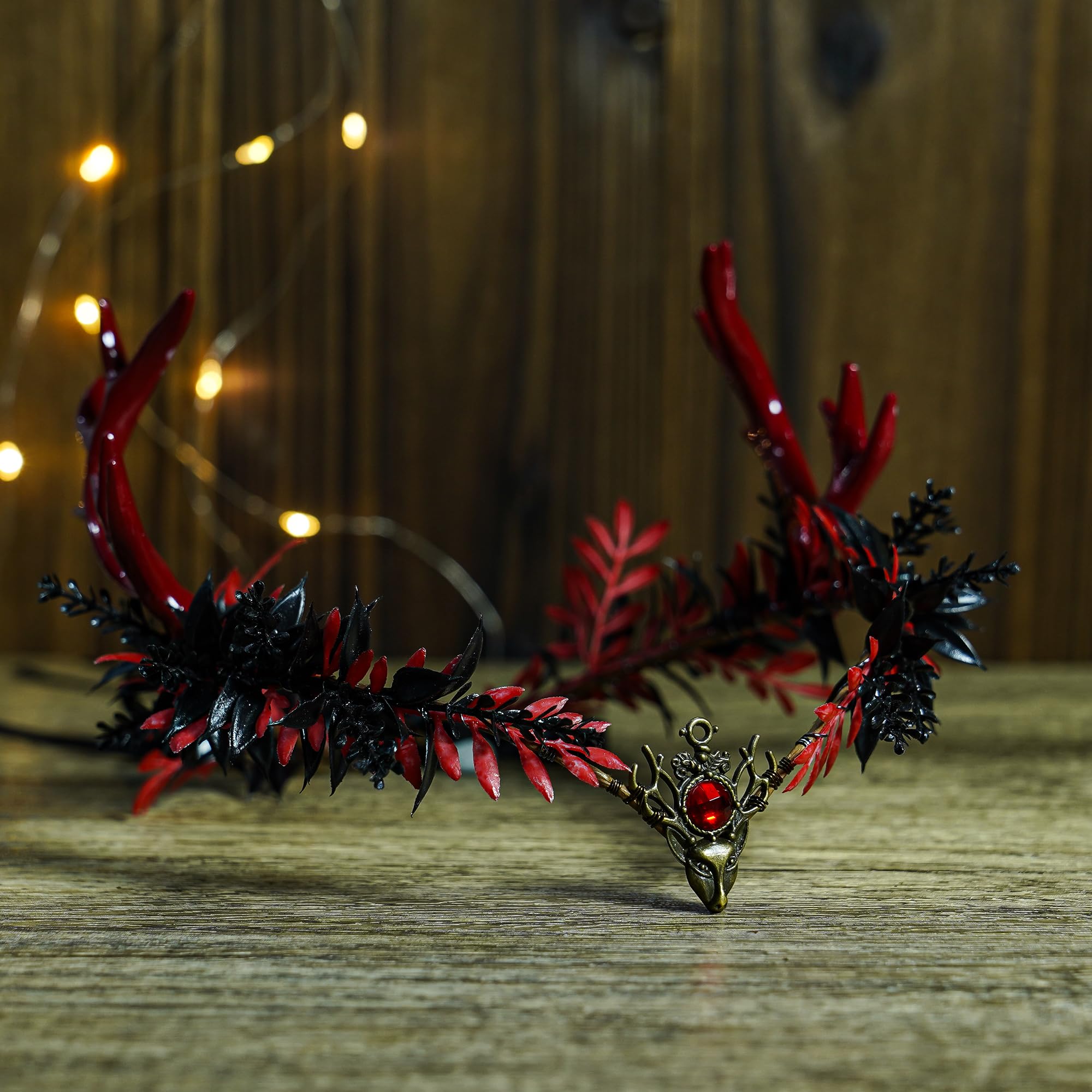 MOSTORY  Flower Antler Crown - Dark Reindeer Headpiece Gothic Elf Circlet Deer Horns Headband for Women Cosplay Renaissance Goth Wedding Renfaire Accessory: Red-black