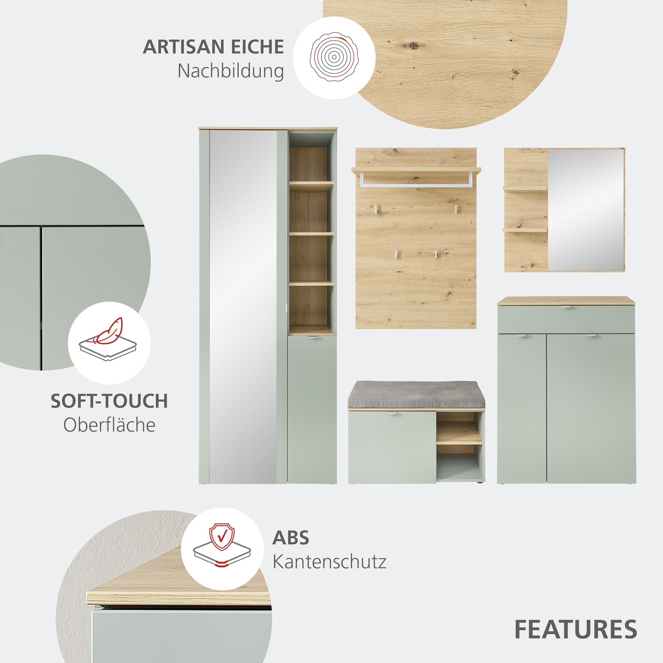 BARI Garderobenschrank mit Spiegel in Schilfgrün, Artisan Eiche Optik FSC-zertifiziert - Moderner Flurgarderoben Schrank mit viel Stauraum - 78 x 202 x 38 cm (B/H/T)