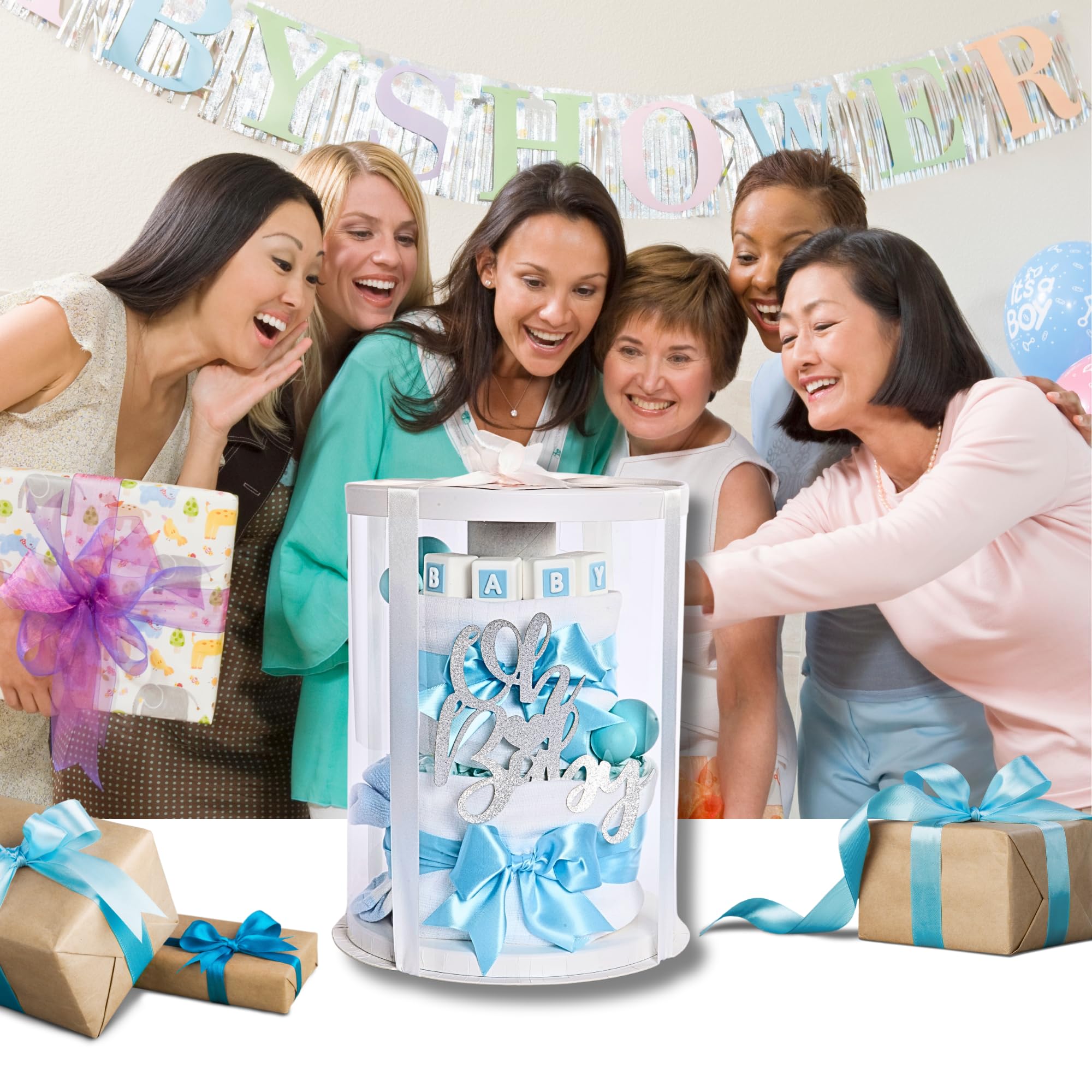 limely©, Windeltorte, Geschenk zur Geburt – Premium Geschenkset mit 16 Pampers Windeln, Bio Mullwindeln, Baby Söckchen, Grußkarte & Geschenkverpackung – Tolles Geschenk für Babyparty (Blau)