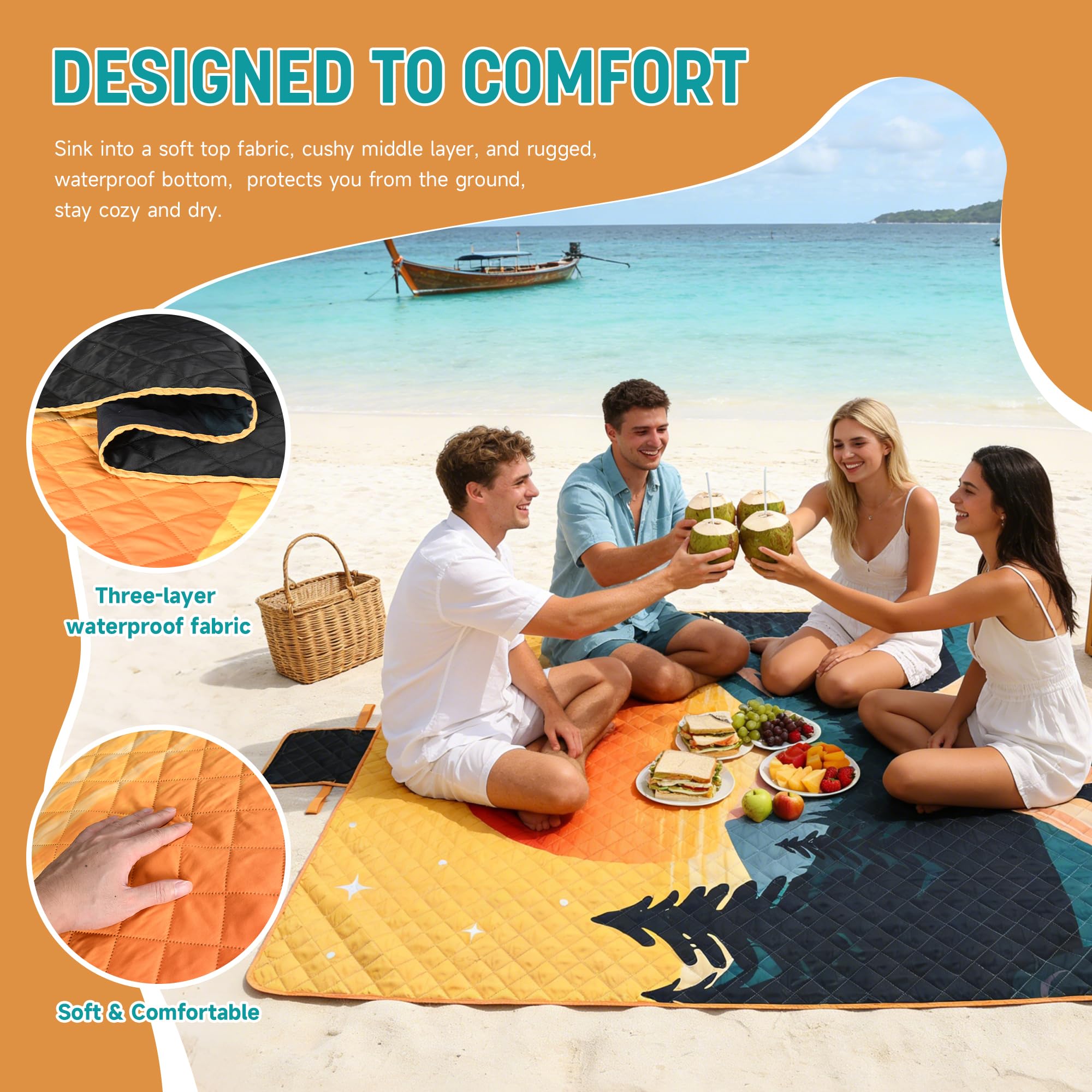 Kato Tirrinia Coperta da picnic extra grande, impermeabile, leggera, portatile, impermeabile, per campeggio, viaggi, picnic in famiglia, all'aperto, 180 x 200 cm, tramonto Grove