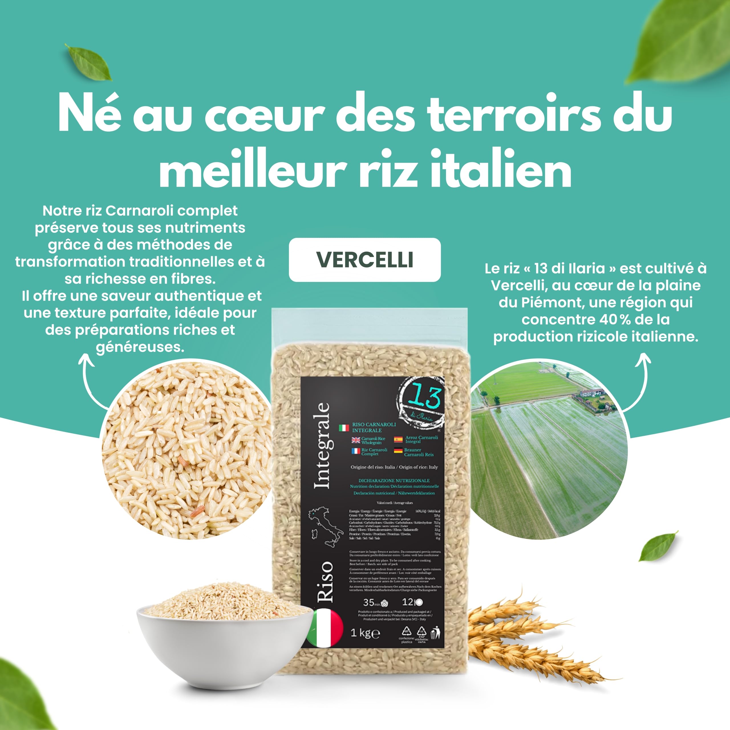 Riz Carnaroli Complet d'Italie 2 kg (2x1 kg) – Riche en Fibres | 2 sachets de 1 kg de riz Carnaroli complet d'Italie, cultivé à Vercelli, riche en fibres et naturellement sans gluten