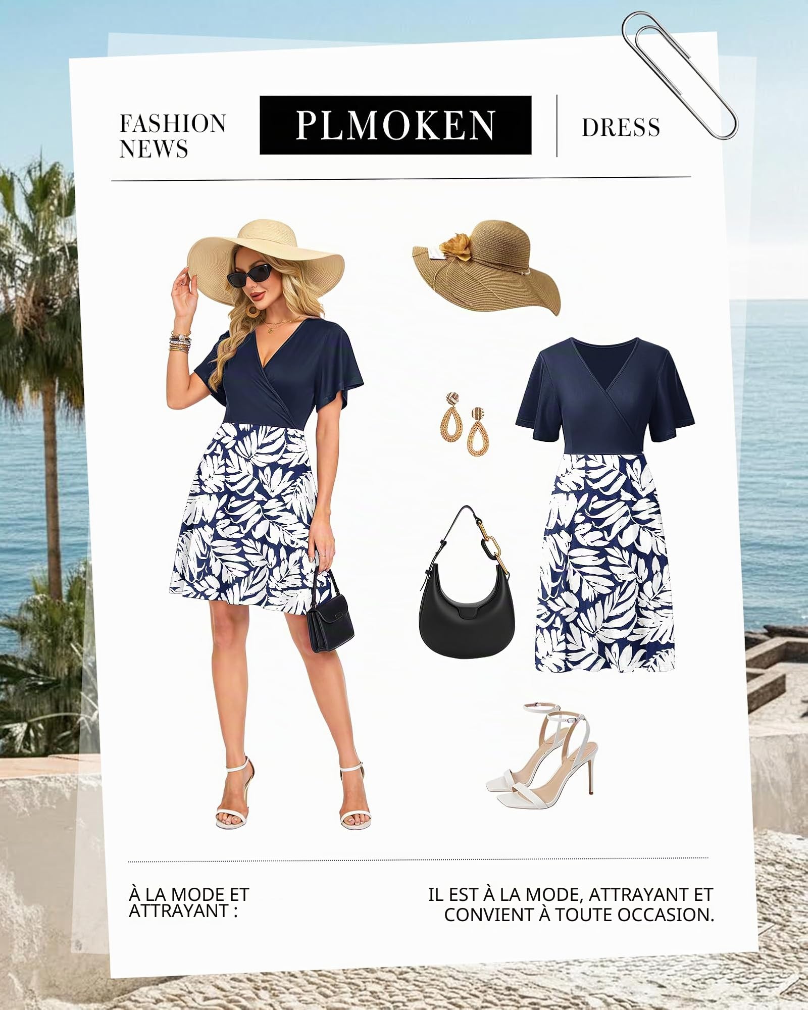 PLMOKEN Robes dete pour Femmes Robes de Plage Sexy à Manches volantées Encolure en V et Taille Empire avec Poches