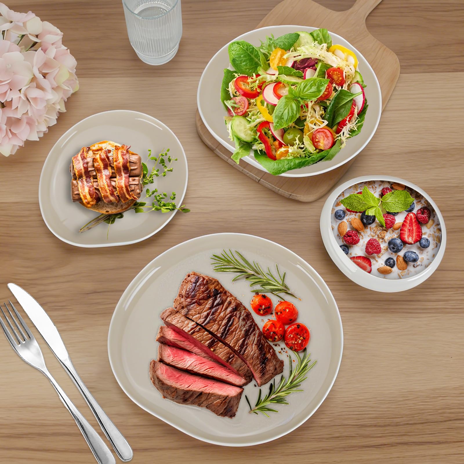 Geschirrset, Tellerset 6 Personen, 24-Teilig Tafelservice, Porzellan Geschirr Set Je Speiseteller, Dessertteller, Müslischalen, Salatschüssel, Geschirr Hellbeige | Dinner set, Tafelservice, Je 6 Speiseteller, Dessertteller, Müslischalen, Salatschüssel, Te