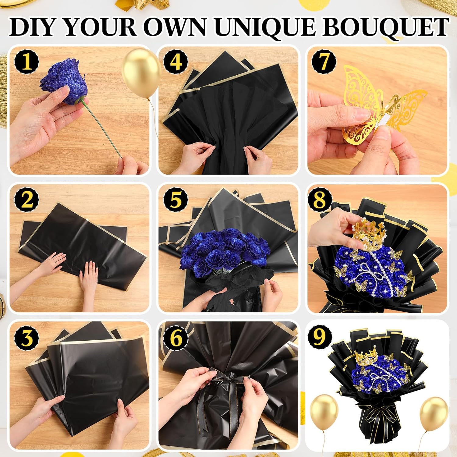 Daifunli 196 Pcs DIY Glitter Graduation Gifts Roses Bouquet Artificial Flower Bouquet Kit Birthday Gifts Flower Wrapping Paper 3D Butterflies Crowns for Grad Wedding Birthday Anniversary(Blue)