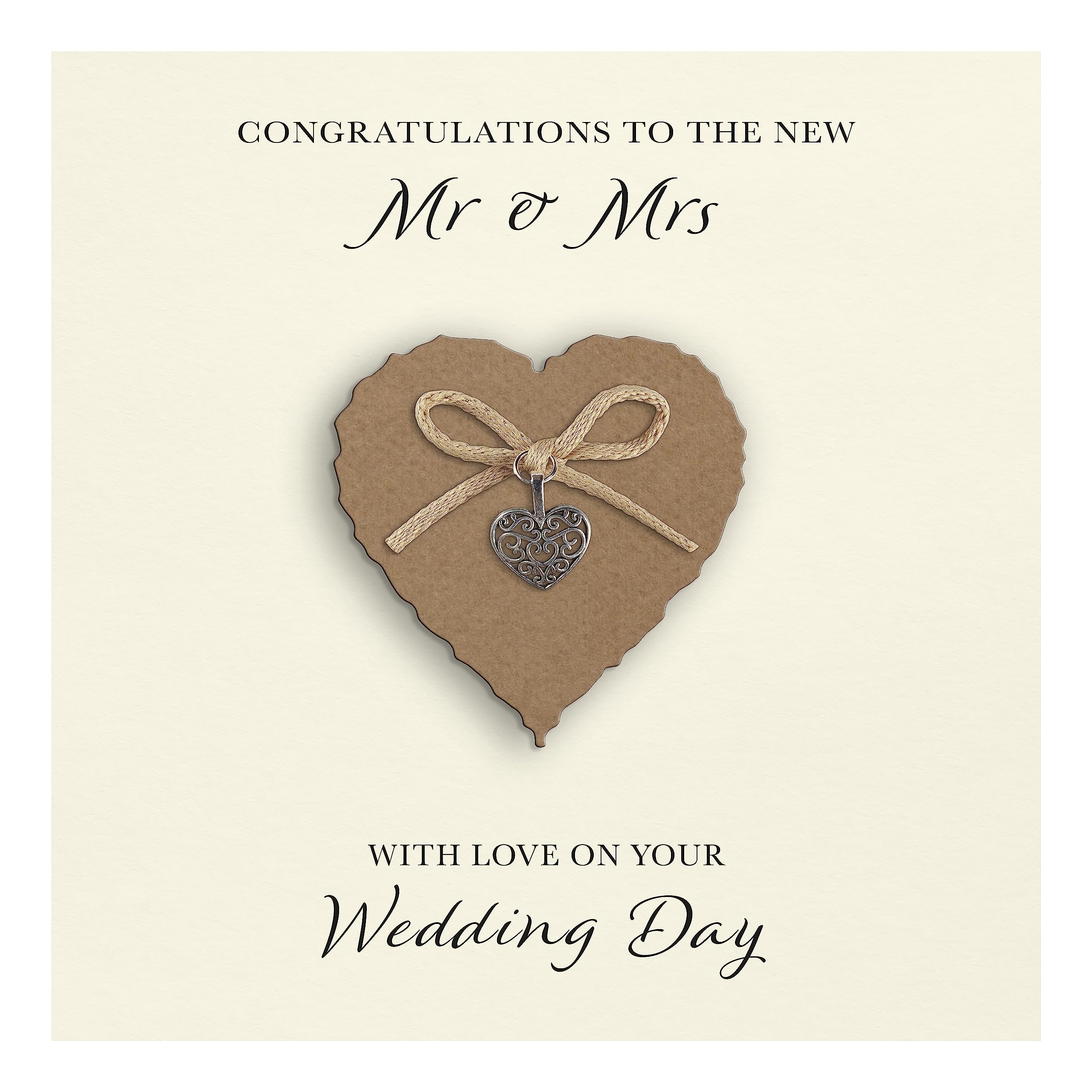 Wedding Day Card "Heart Charm & Bow" - Handmade UK (Kraft Heart, Ivory Cardstock)