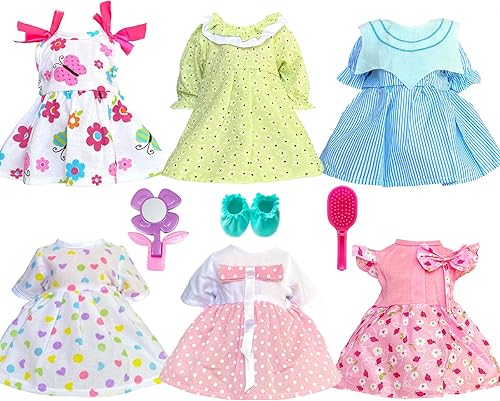 Ropa de muñeca de bebé de 15 a 16 pulgadas para muñecas y niñas, incluye 6 vestidos, 1 espejo, 1 peine, muñecas de juguete realistas para recién