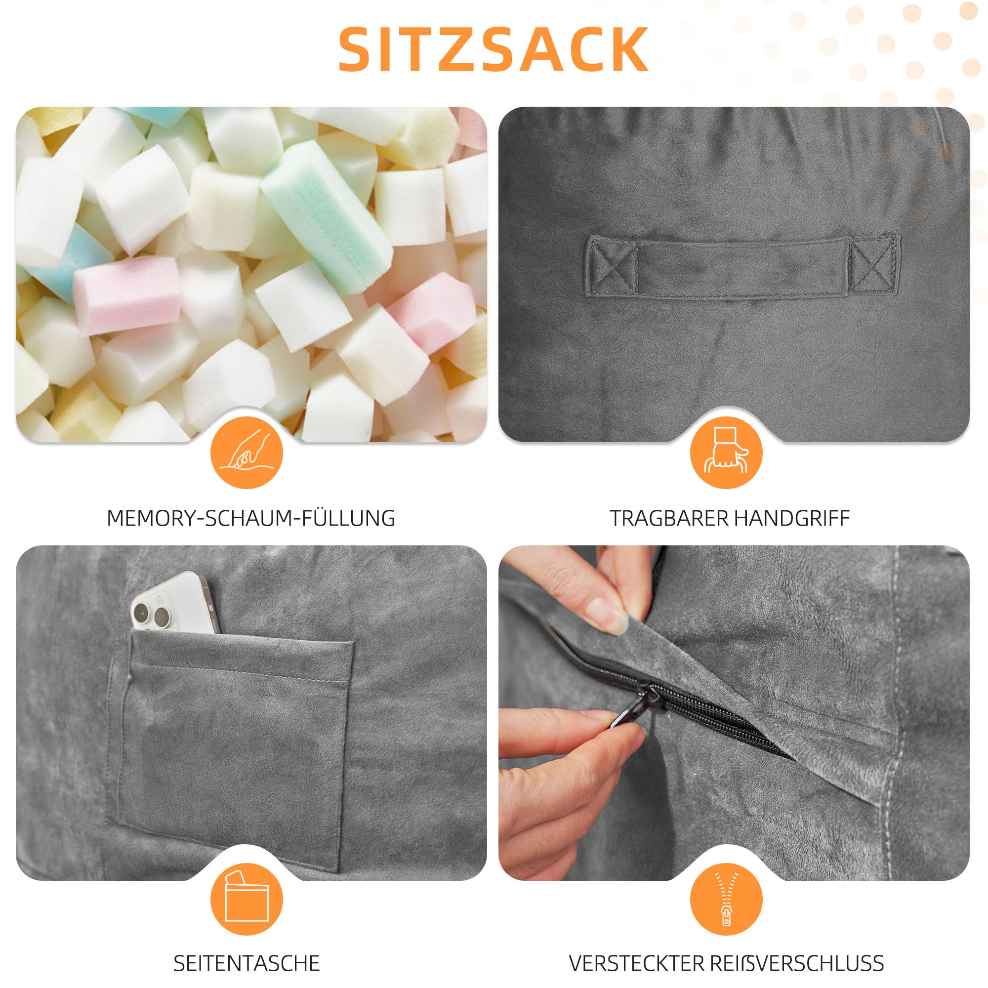 Kasunpul Sitzsack Stuhl Sitzsack Stühle für Erwachsene Riesen Sitzsäcke mit Samtbezug Bean Bag Flauschige Sitzsäcke für Wohnzimmer, Schlafzimmer, Grau, 90 x 90 x 49cm