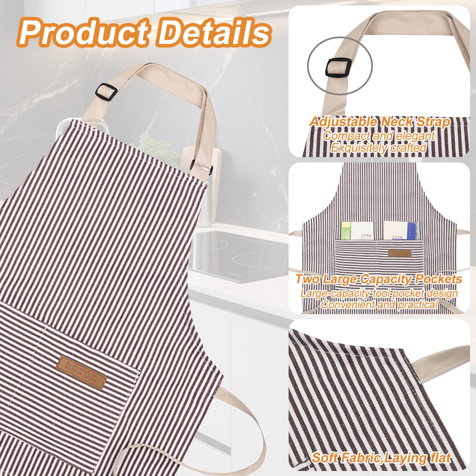 2 Pack Chef Apron, Kitchen Cooking Aprons for Girls and Boys Adjustable Stripes Apron with 2 Pocket - Image 3