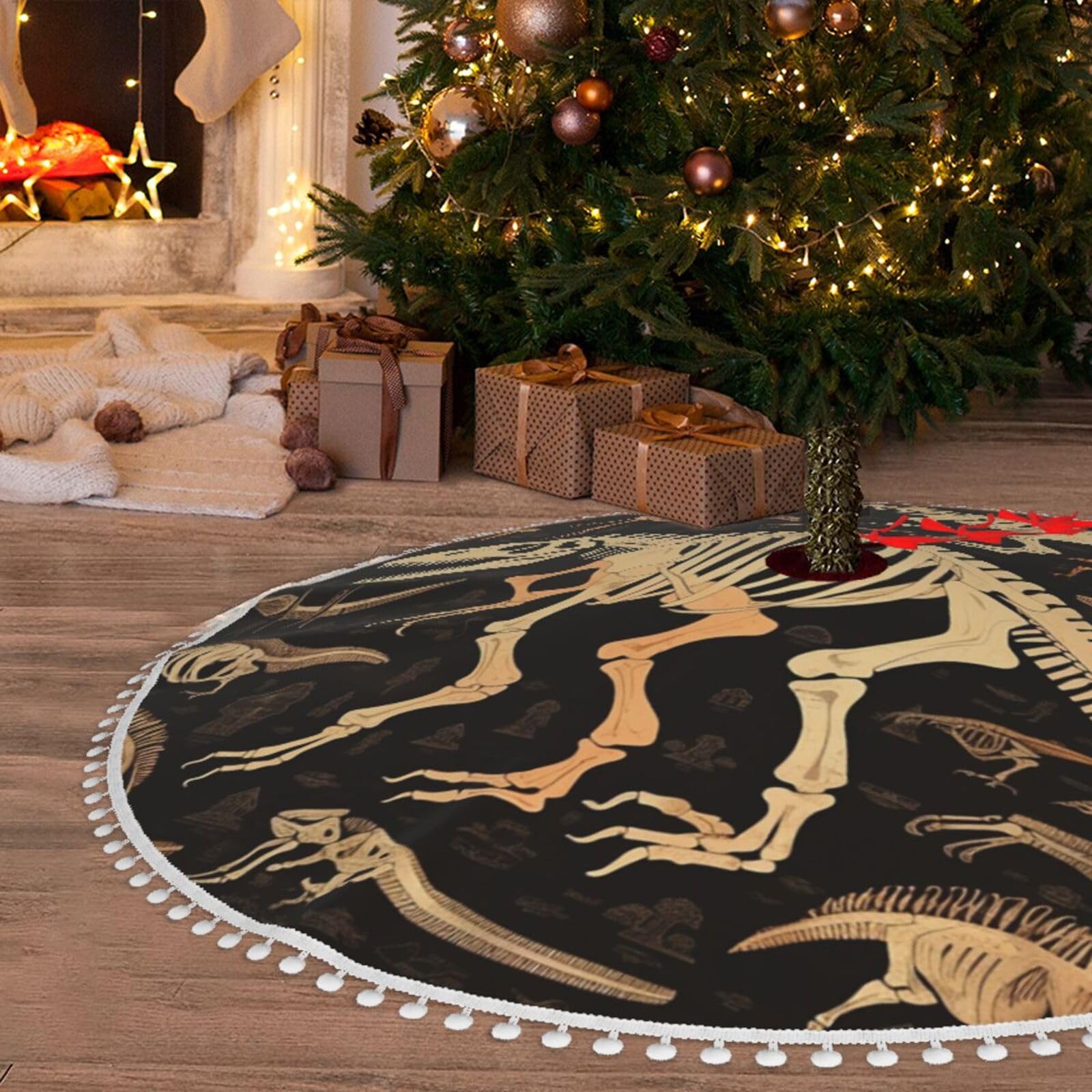 Tapis de sapin de Noël 91 cm avec pompons et imprimé dinosaure pour décoration de fête