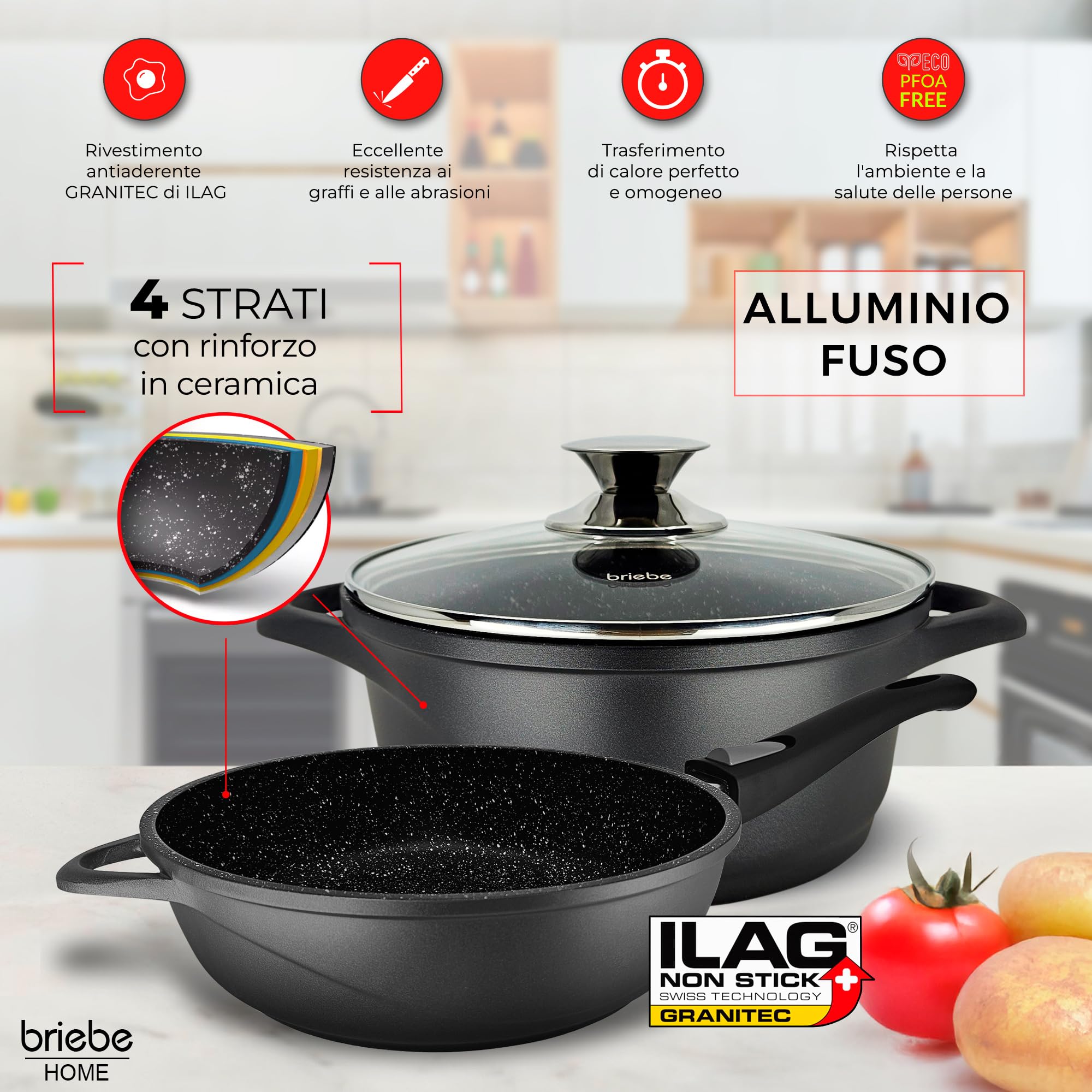 briebe Batteria da Cucina Induzione 10 Pezzi, set di 3 Pentole in Alluminio Fuso + 2 Padelle, Antiaderente ILAG GRANITEC senza PFOA, Coperchi in Vetro, Guanti in Silicone, Vetroceramica, Gas, Forno