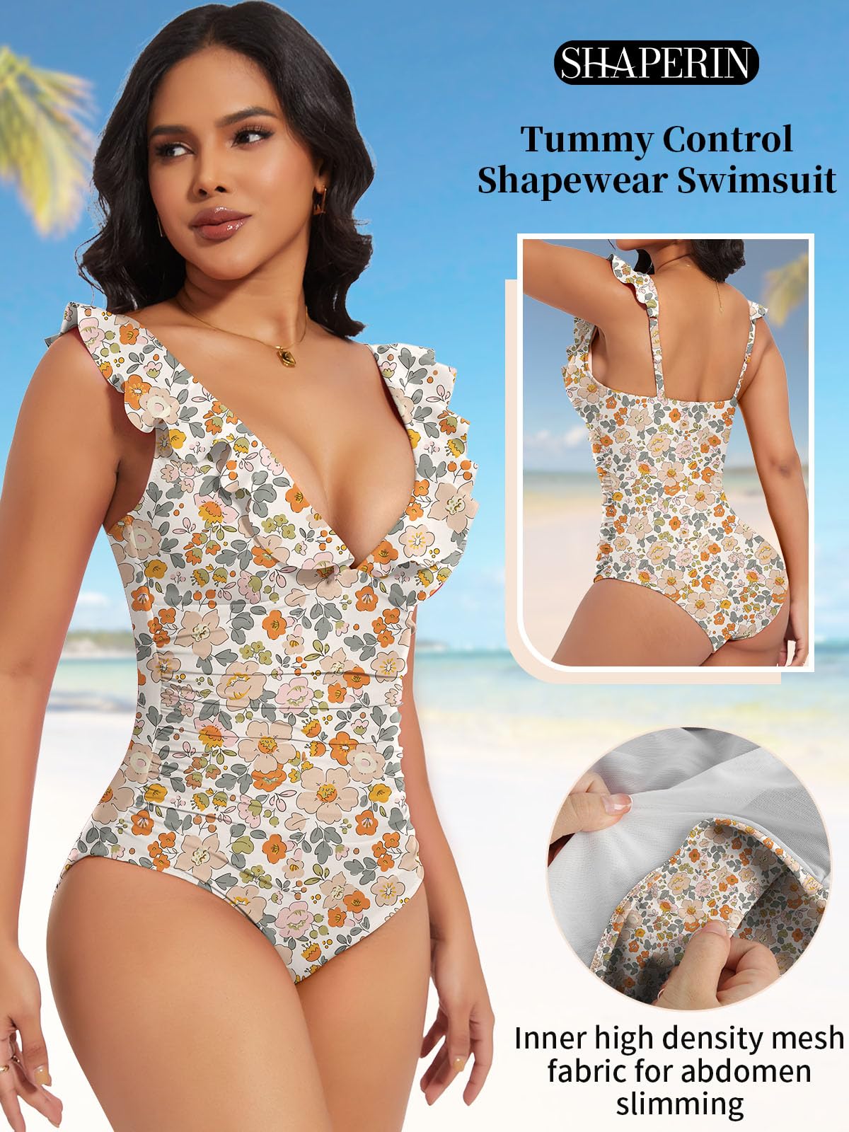 SHAPERIN Femme Maillot de Bain Une Pièce Ventre Plat Maillot de Bain à Volant Ruched Monokini Amincissante Swimsuit Col V Profond