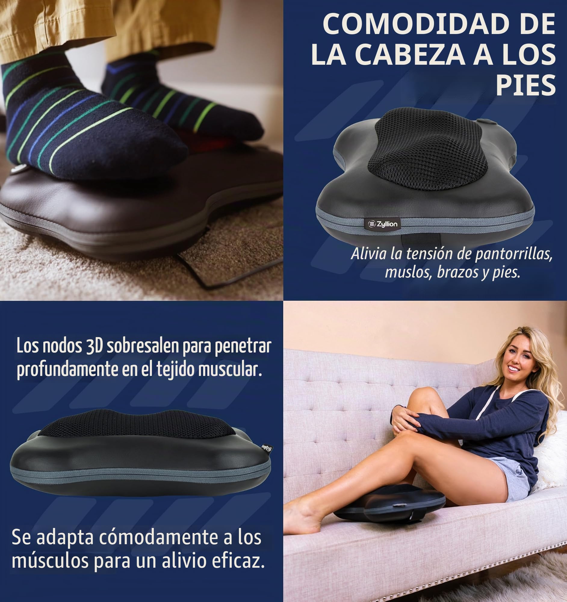 Zyllion Masajeador Shiatsu Espalda y Cuello – Almohada de Masaje Profundo con Calor para Dolor Muscular, Inalámbrico y Recargable – Masajeador Cervical y Espalda 3D, Negro, (ZMA-13RB-BK)