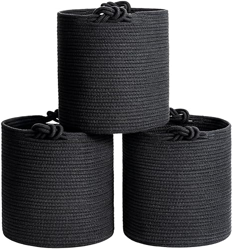 Goodpick Paquete de 3 cubos de almacenamiento de cuerda tejida para organización de armario y estantes, cestas redondas decorativas negras para