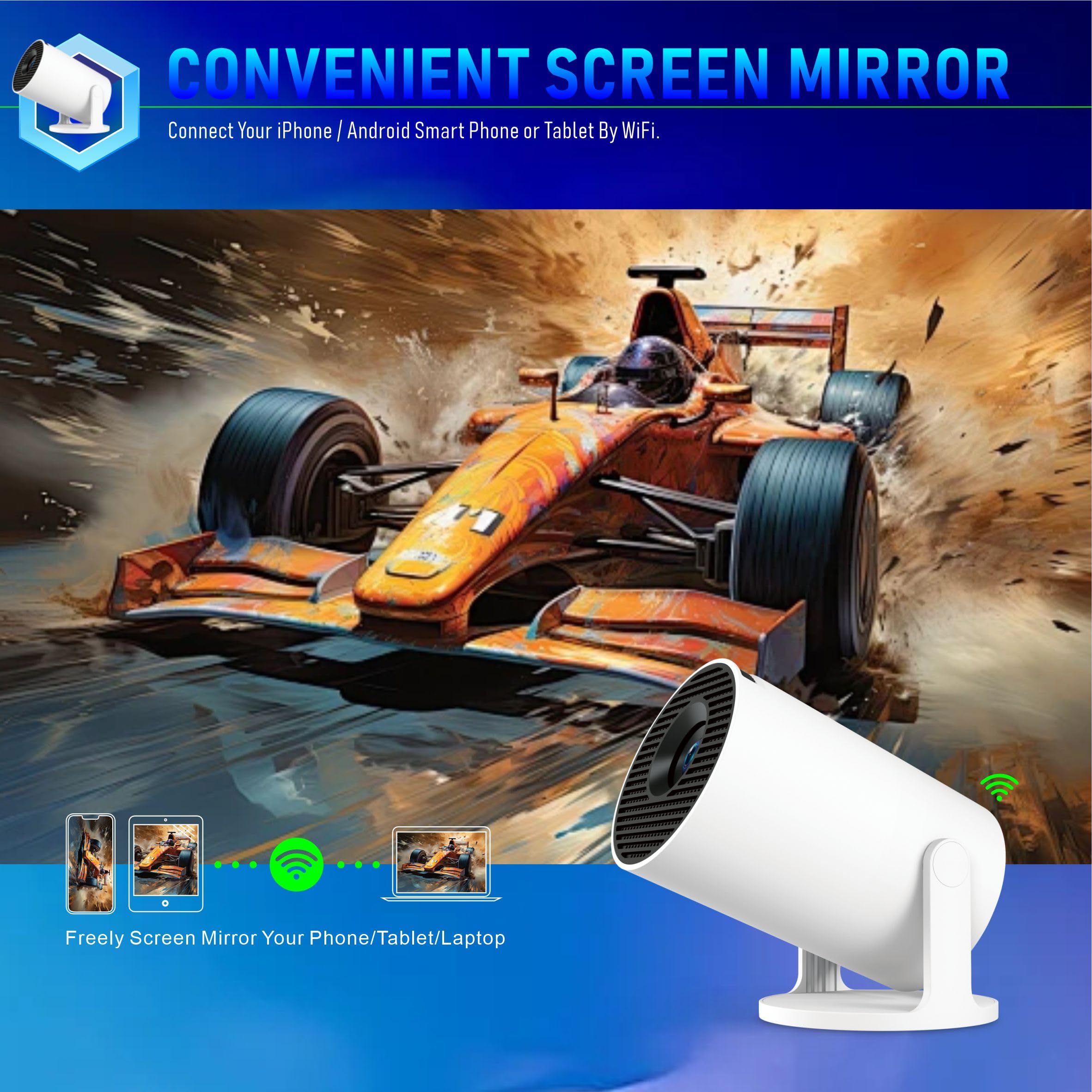 Portable Video Projecteur Mini Projecteur 4K Videoprojecteur WiFi 6 BT5.4 Android 11 Retroprojecteur 1080P Full HD Supporté pour TÉLÉPhone PC Lap HDMI Home Cinéma 180° Rotation (Middle)