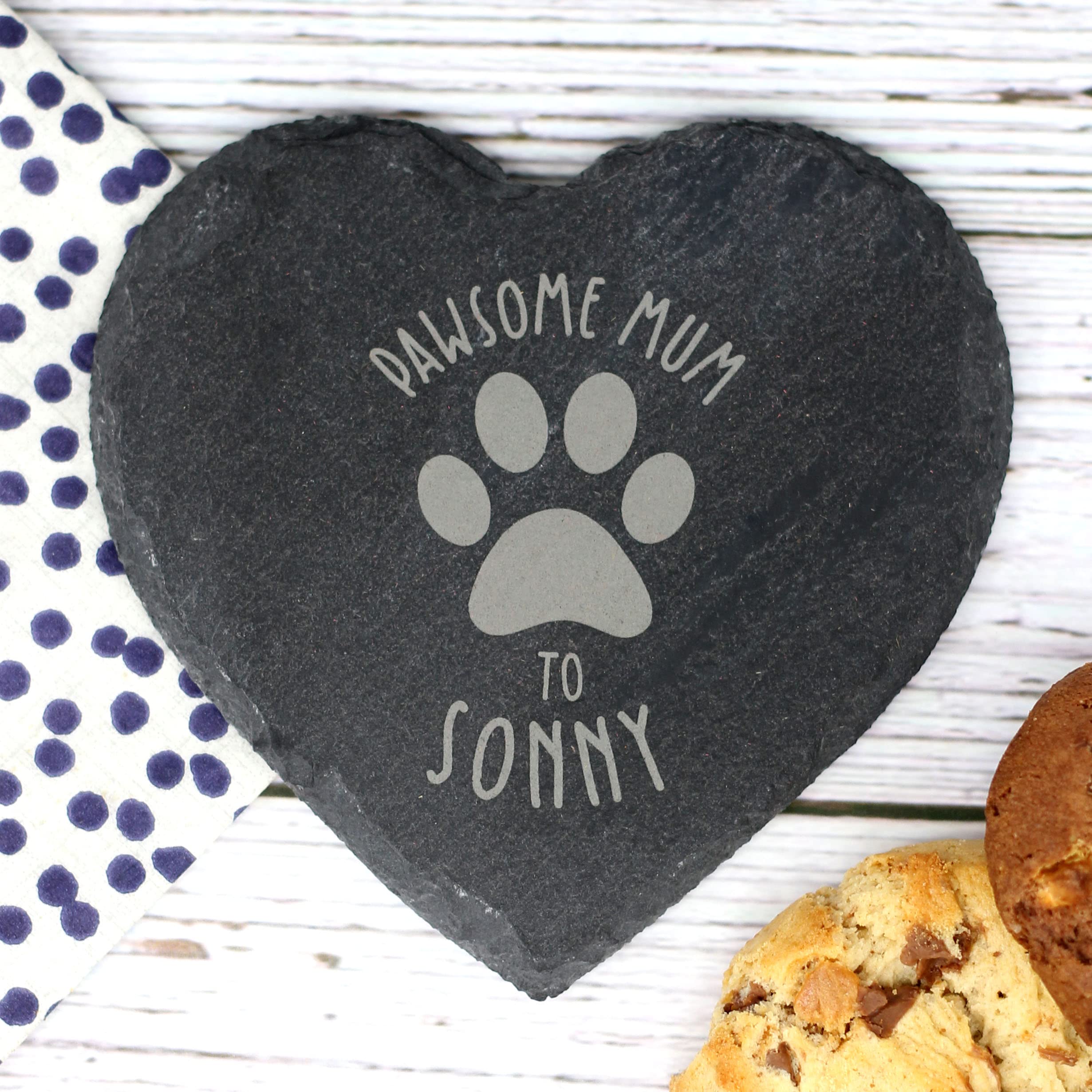 Ebuygb Grey Personalised Slate Coaster, Pawsome Mum, Mummy, Mum Birthday Gift, Present From Dog/Cat, Engraved Slate Drinks Coaster (Heart)